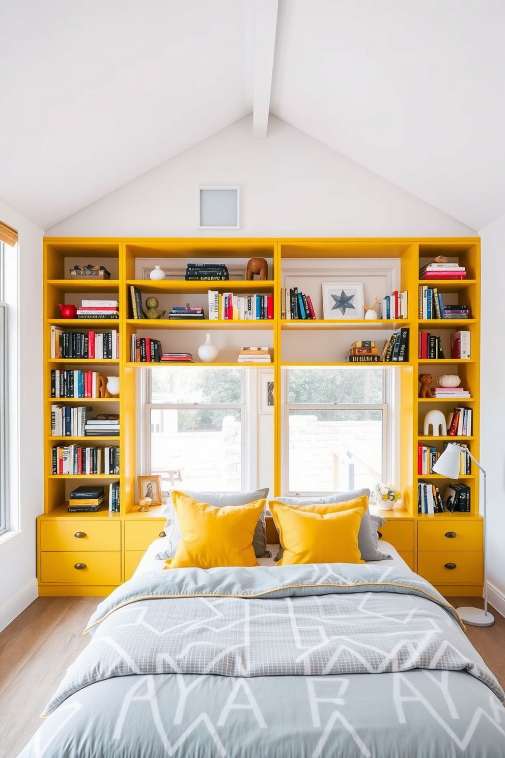 A bright and cheerful bedroom featuring yellow bookshelves that add a pop of color to the space. The walls are painted in a soft white hue, creating a fresh backdrop for the vibrant shelves filled with an array of books and decorative items. The bedroom is designed with a cozy bed adorned with yellow and gray bedding. Large windows allow natural light to flood the room, enhancing the warm tones and inviting atmosphere.