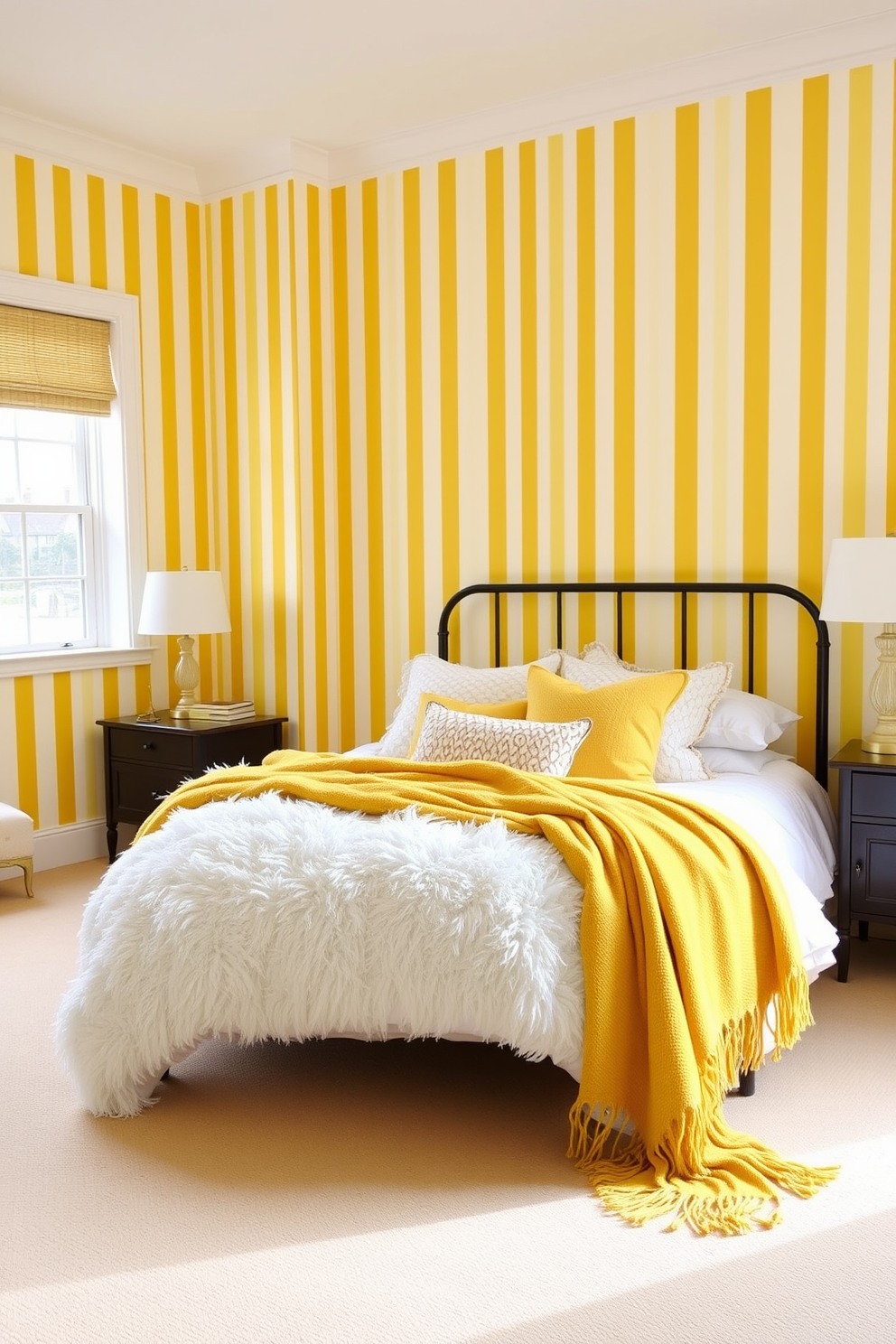 A cheerful yellow bedroom filled with light. The walls are adorned with yellow and white striped wallpaper that adds a playful touch to the space. A cozy bed with fluffy white bedding sits against the wall. Accents of yellow pillows and throws complement the vibrant wallpaper, creating a warm and inviting atmosphere.