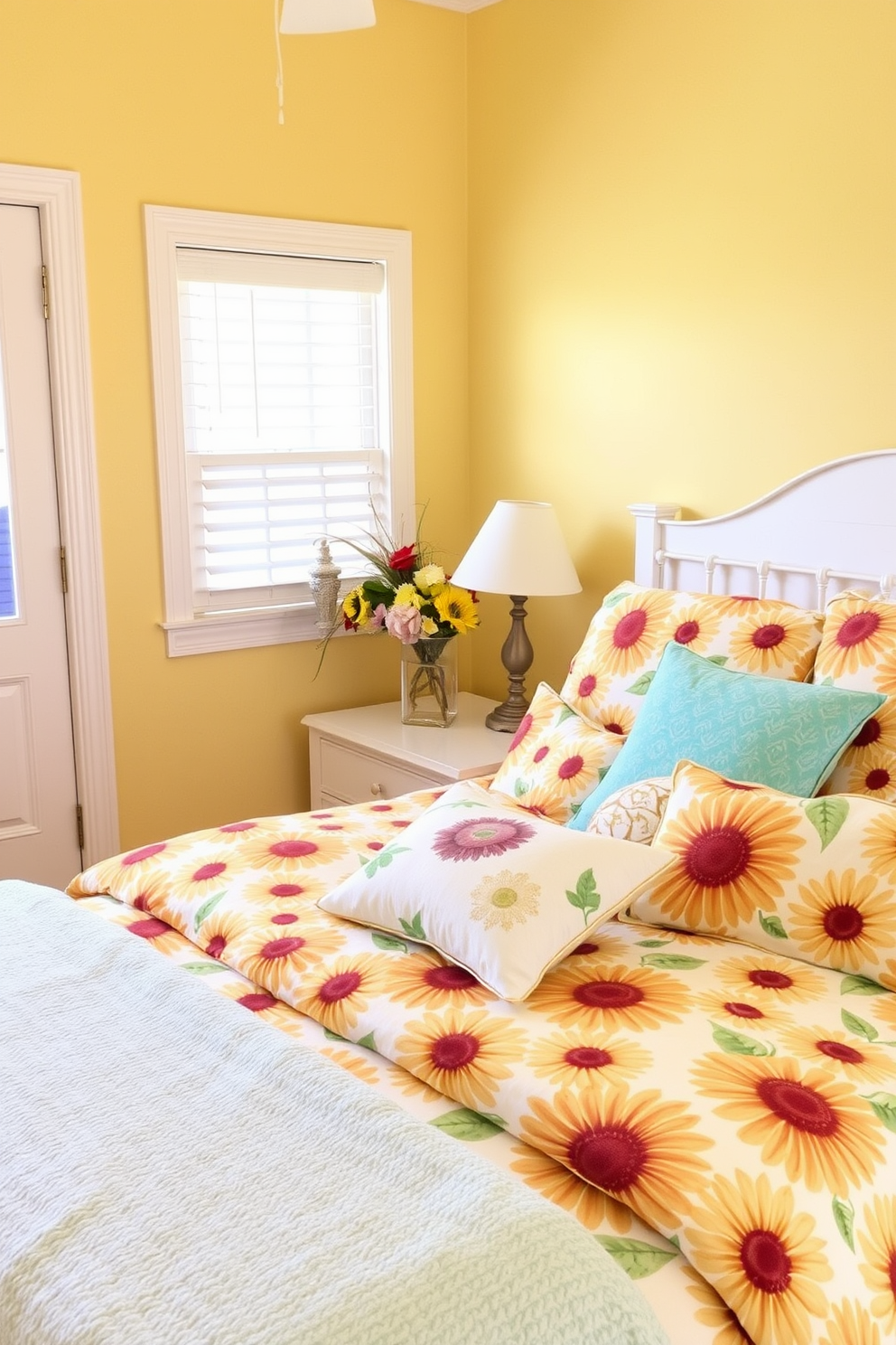 A bright and cheerful bedroom featuring sunflower patterned bedding that brings warmth and joy to the space. The walls are painted in a soft pastel yellow, complementing the vibrant bedding and creating an inviting atmosphere.