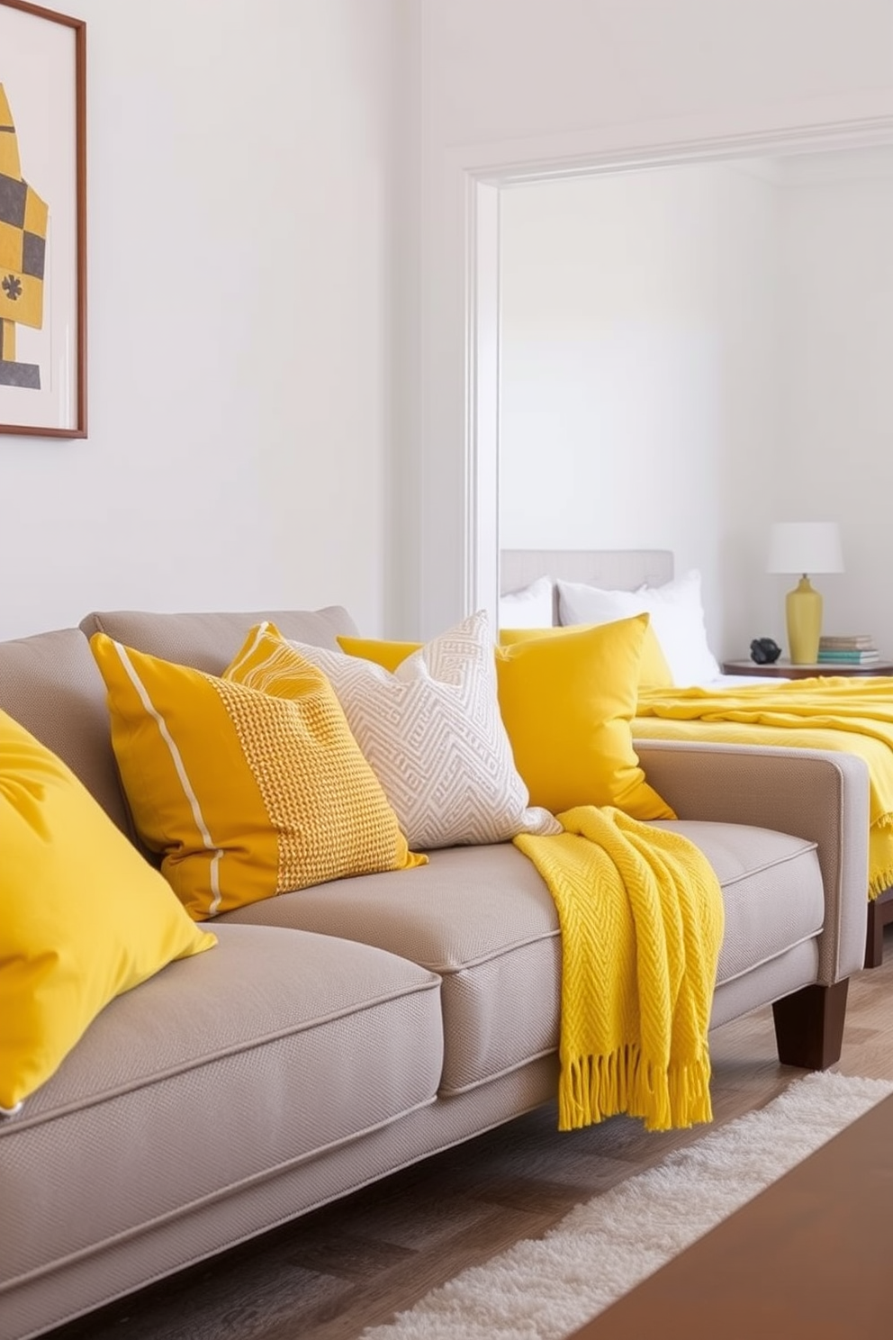 A vibrant yellow bed frame takes center stage in a contemporary bedroom filled with natural light. The walls are painted in a soft white, creating a bright and airy atmosphere that complements the bold color of the bed. Accent pillows in various shades of gray and white adorn the bed, adding depth and texture to the design. A sleek nightstand with a minimalist lamp sits beside the bed, enhancing the modern aesthetic of the space.