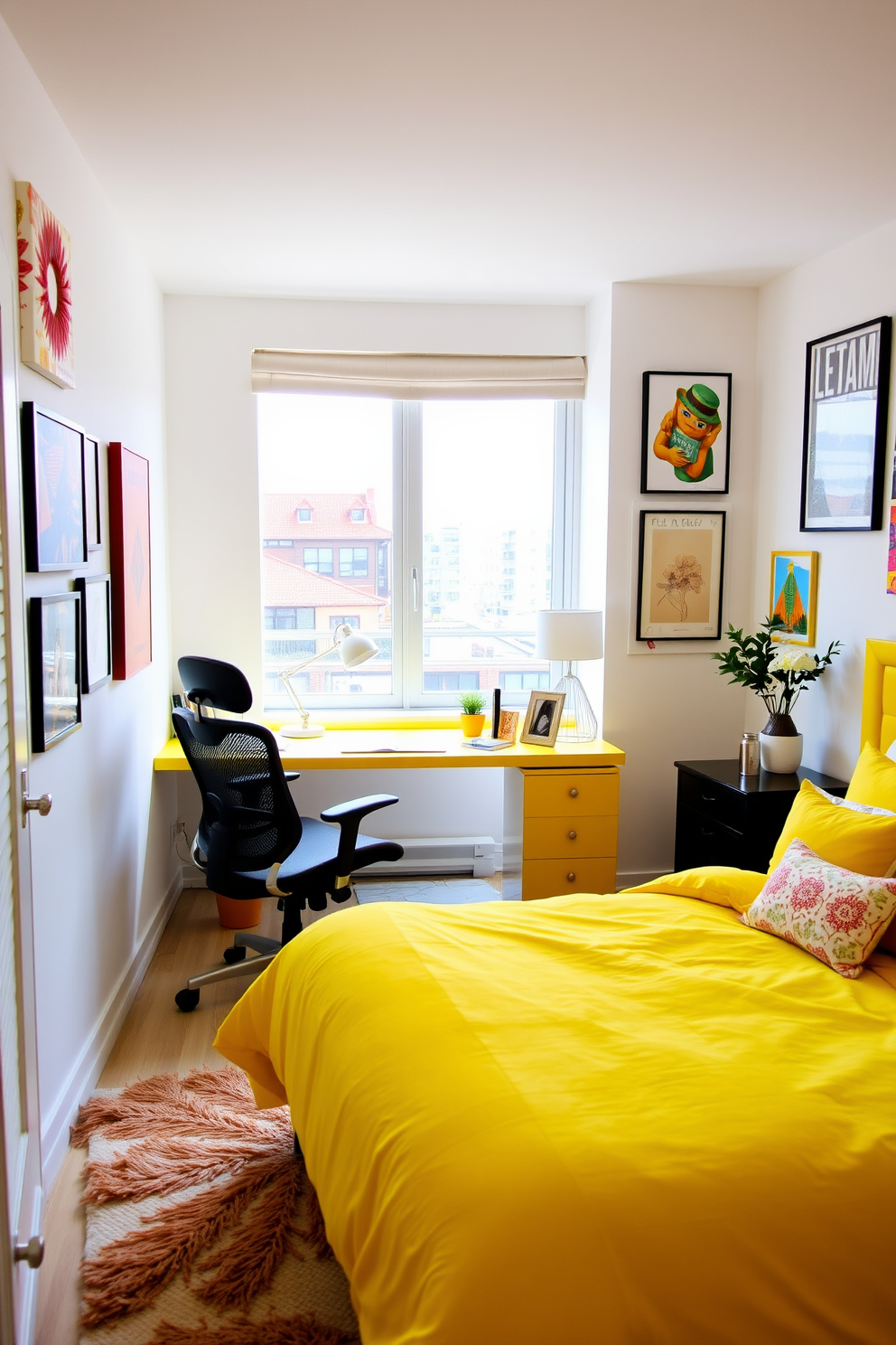 A bright yellow desk occupies the center of a creative workspace, surrounded by white walls adorned with colorful art pieces. A comfortable ergonomic chair complements the desk, while a large window allows natural light to flood the room. The bedroom features a vibrant yellow color scheme, with a cozy bed dressed in soft yellow linens and decorative pillows. A stylish nightstand holds a modern lamp, and a plush area rug adds warmth to the space.