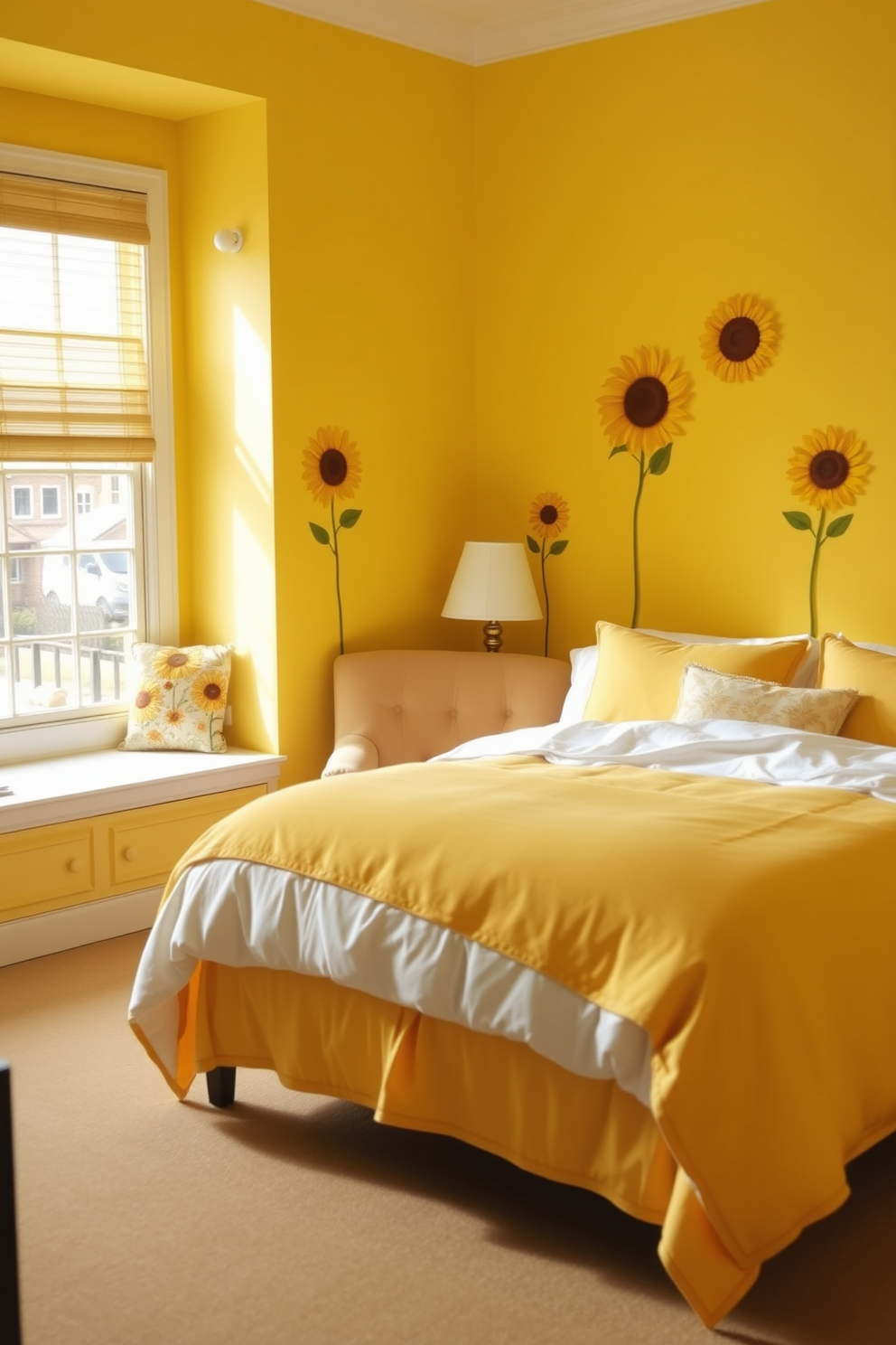 A cheerful yellow bedroom filled with natural light. Sunflower decals adorn the walls, adding a touch of charm and warmth to the space. The bedding features soft white linens with yellow accents for a cohesive look. A cozy reading nook is created by a plush armchair positioned near a window, inviting relaxation.