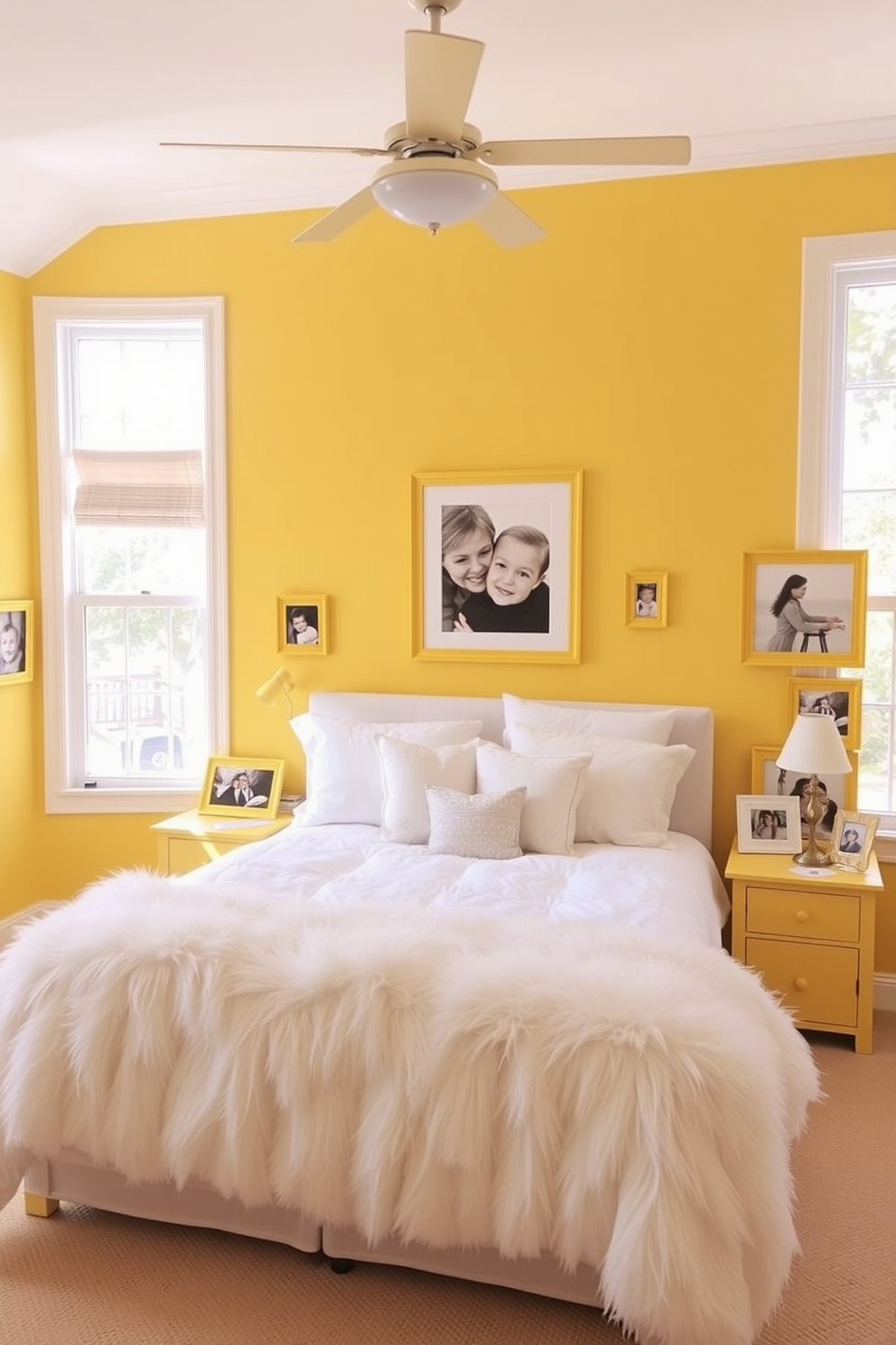 A vibrant gallery wall adorned with yellow frames showcases a mix of abstract art and family photos. The yellow frames pop against a soft white wall, creating an inviting focal point in the room. The bedroom features a sunny yellow color palette complemented by soft gray bedding. A cozy reading nook with a plush chair and a small side table adds an element of comfort to the space.