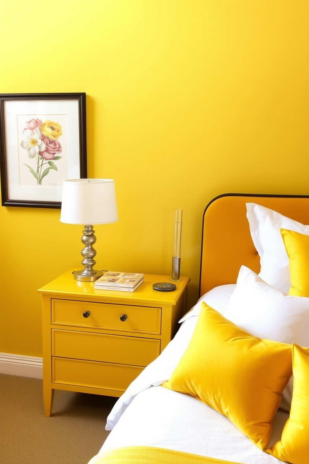 A cheerful yellow nightstand stands next to a cozy bed adorned with soft white linens and vibrant yellow throw pillows. The walls are painted in a warm, sunny yellow hue, creating an inviting atmosphere filled with natural light. A stylish lamp with a white shade sits atop the nightstand, casting a soft glow across the room. Framed artwork featuring floral designs in complementary colors adds a touch of elegance to the cheerful bedroom design.