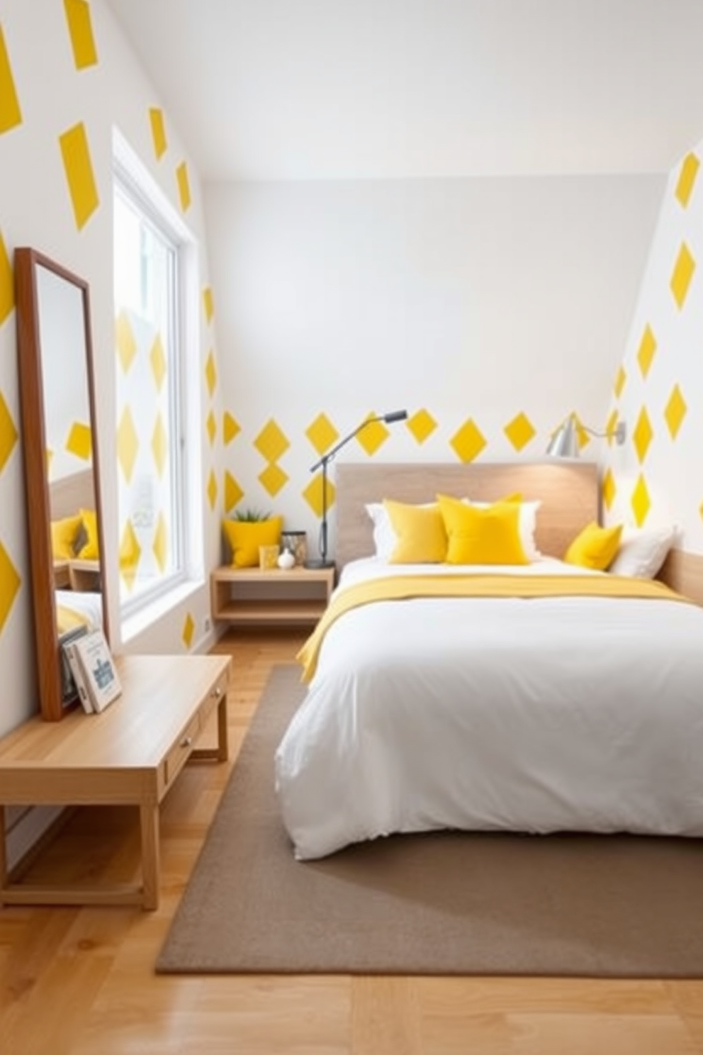 A modern bedroom featuring yellow geometric patterns on the walls creates a vibrant and energetic atmosphere. The bedding is a crisp white with yellow accents, complemented by sleek furniture in light wood tones. A cozy reading nook is situated by the window, adorned with yellow cushions and a stylish floor lamp. The flooring is a light hardwood, enhancing the bright and cheerful ambiance of the space.