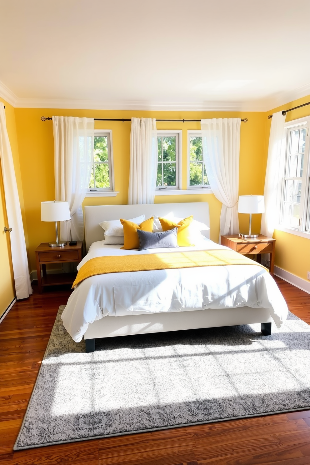 A vibrant bedroom featuring yellow closet organizers that add a playful touch to the space. The walls are painted in a soft pastel hue, complementing the cheerful accents of the organizers. The bedding consists of crisp white sheets topped with a bright yellow duvet cover. A cozy reading nook with a plush chair and a small bookshelf creates an inviting atmosphere in the corner.