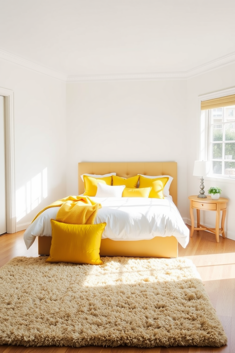 A bright and cheerful yellow bedroom filled with natural light. The bed is adorned with yellow accent pillows of varying textures, creating a cozy and inviting atmosphere. The walls are painted in a soft white, complementing the vibrant yellow accents. A plush area rug in a neutral tone anchors the space, enhancing the overall warmth of the room.