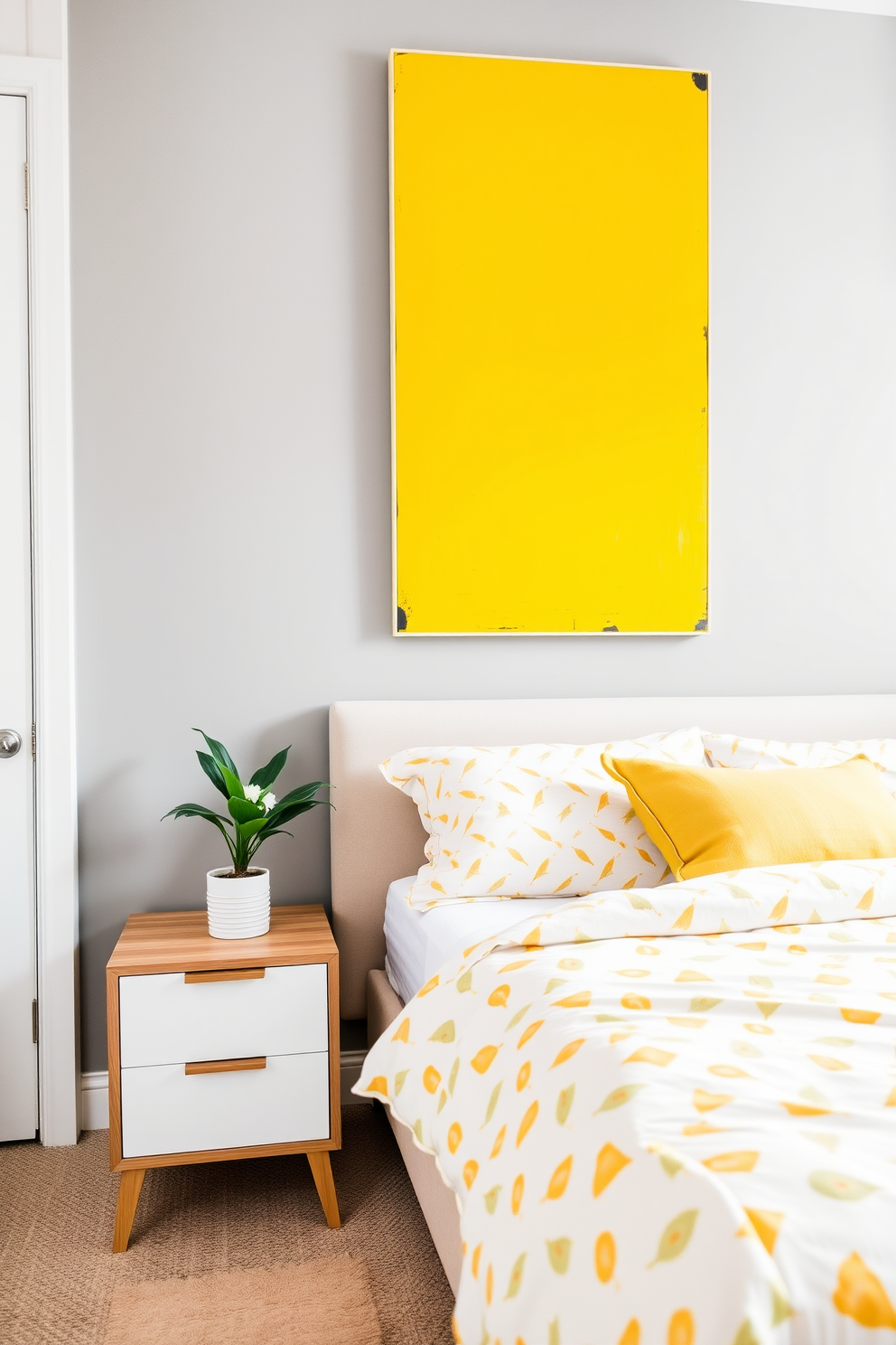 A bright yellow artwork serves as a stunning focal point in the bedroom, drawing attention to the vibrant color scheme. The walls are painted in a soft gray to complement the bold artwork, creating a harmonious balance in the space. The bedding features a mix of white and yellow patterns, adding a cheerful touch to the overall design. A sleek wooden nightstand holds a small potted plant, enhancing the room's fresh and inviting atmosphere.