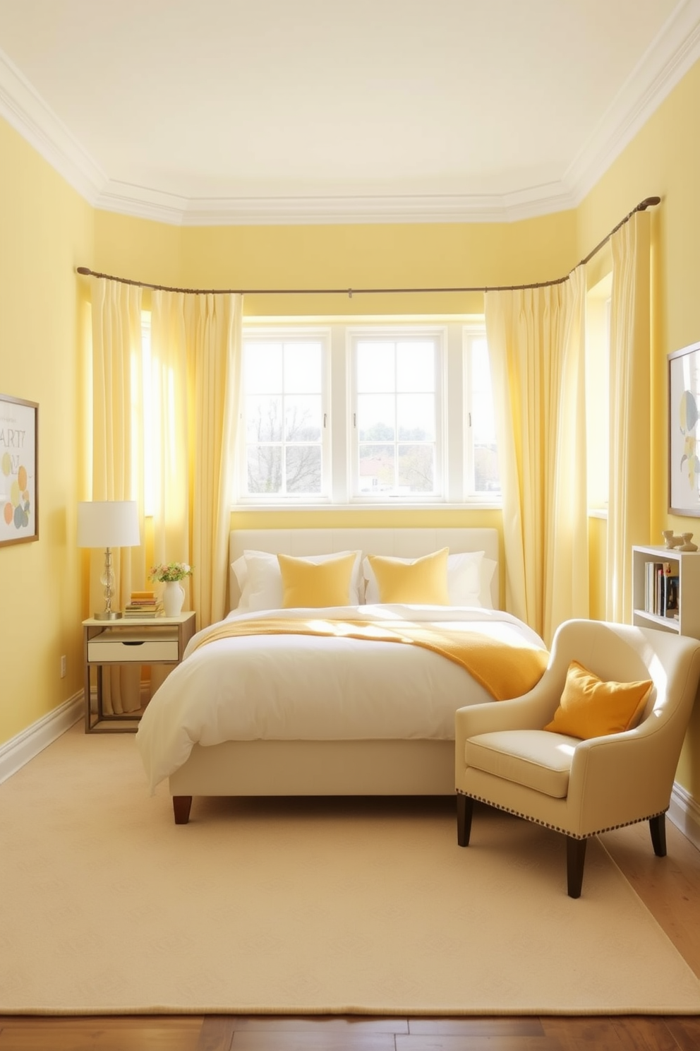 A cozy bedroom featuring mustard yellow bedding that creates a warm and inviting atmosphere. The walls are painted in a soft cream color, complementing the bedding and enhancing the overall brightness of the space. A plush area rug in neutral tones lies beneath the bed, adding texture and comfort. Decorative pillows in various patterns and shades of yellow are arranged on the bed to create visual interest and depth.