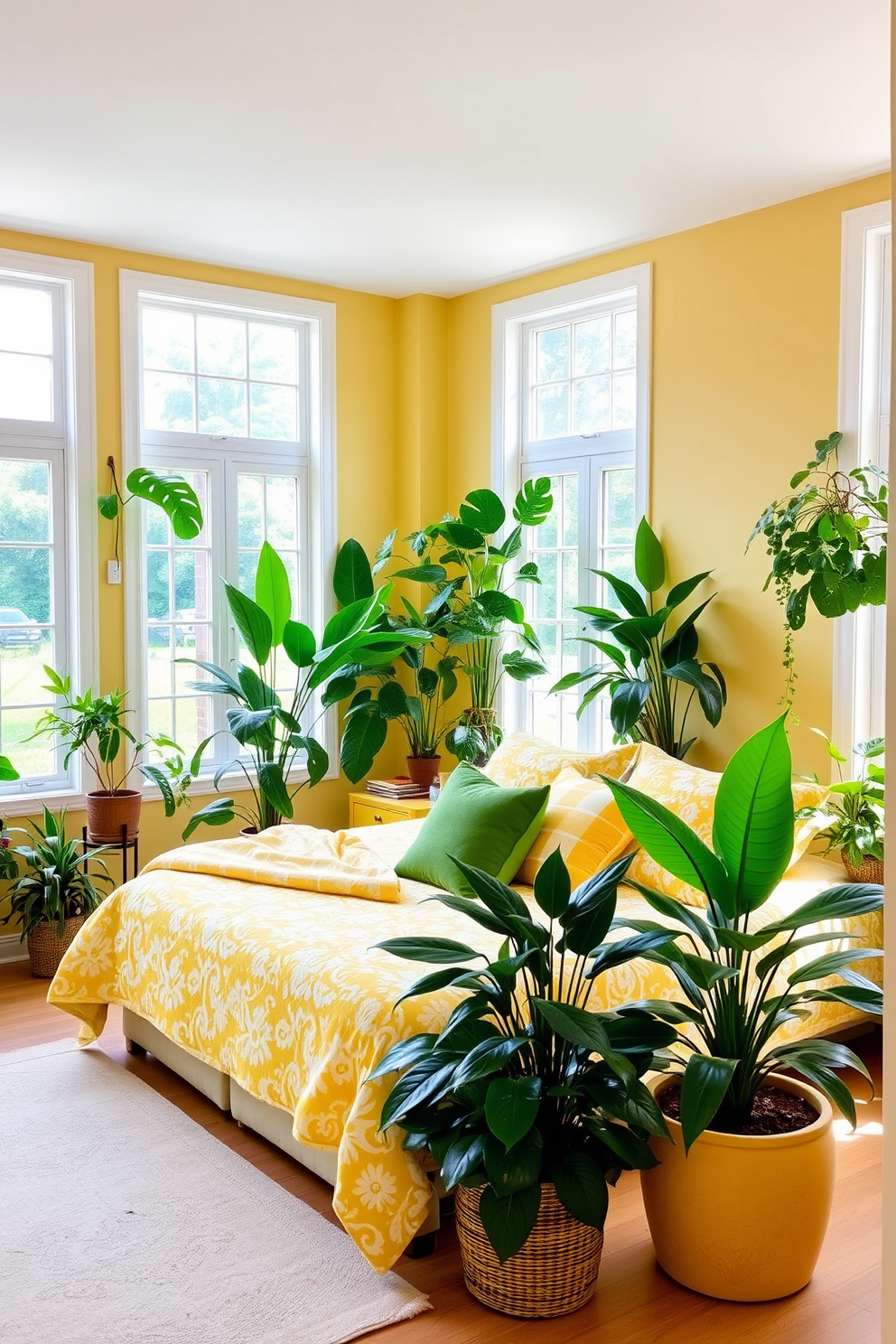 A serene yellow bedroom filled with natural light. The walls are painted in a soft pastel yellow, creating a warm and inviting atmosphere. A plush queen-sized bed is adorned with yellow and white patterned bedding. On either side of the bed, stylish wooden nightstands hold elegant lamps with yellow shades. A cozy reading nook features a yellow accent chair and a small side table. Large windows are framed with sheer white curtains, allowing the sunlight to filter through gently. Potted yellow plants are placed in the corners, adding a touch of natural beauty. A vibrant rug in shades of yellow and cream anchors the space, enhancing the overall design.