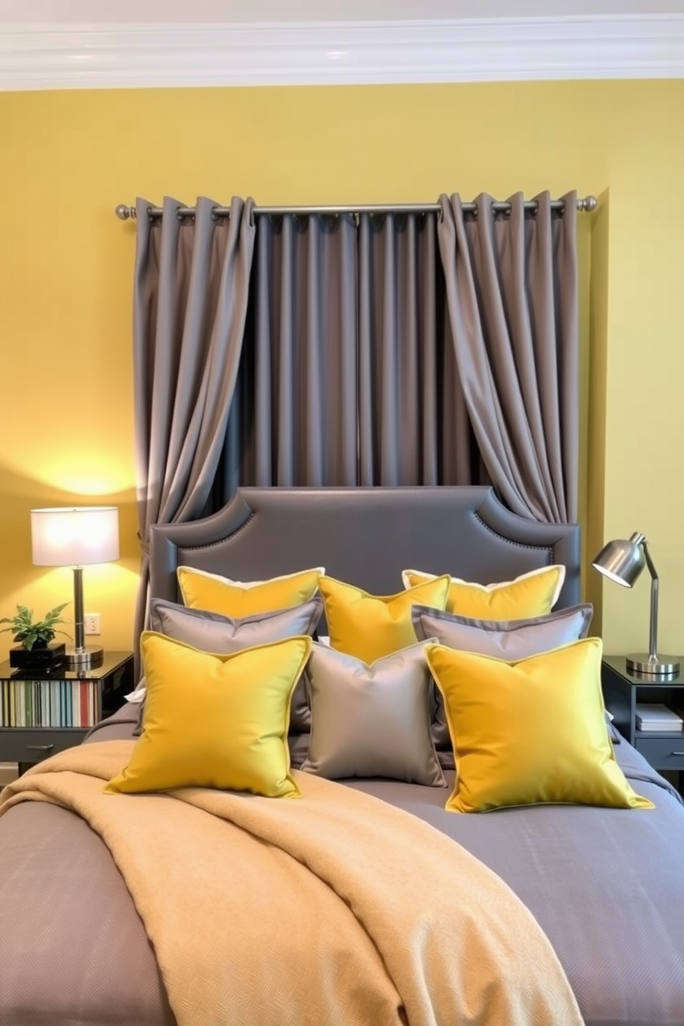 A luxurious bedroom featuring a yellow and gray color scheme. The walls are painted a soft yellow, complemented by gray bedding and curtains that add a touch of elegance. A stylish upholstered headboard in gray serves as the focal point of the room. Decorative pillows in various shades of yellow enhance the cozy atmosphere while a sleek nightstand holds a modern lamp.