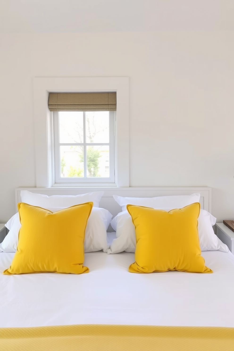 A bright and inviting yellow bedroom filled with sunshine yellow curtains that create a cheerful atmosphere. The walls are painted in a soft white to enhance the brightness, and the bed features a plush yellow comforter with coordinating pillows. A cozy reading nook is positioned by the window, adorned with a comfortable armchair in a complementary shade. The flooring is a warm wood that adds a touch of natural elegance to the vibrant space.