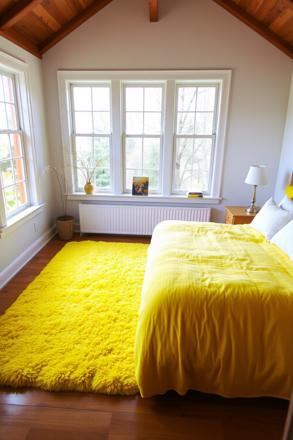 A bright yellow area rug is placed in the center of a cozy bedroom, adding warmth and a pop of color to the space. The walls are painted a soft white, complementing the cheerful hue of the rug and creating an inviting atmosphere. The bed features a plush yellow comforter with white accent pillows, creating a harmonious look. Natural light streams in through large windows, enhancing the cheerful ambiance of the yellow bedroom design.