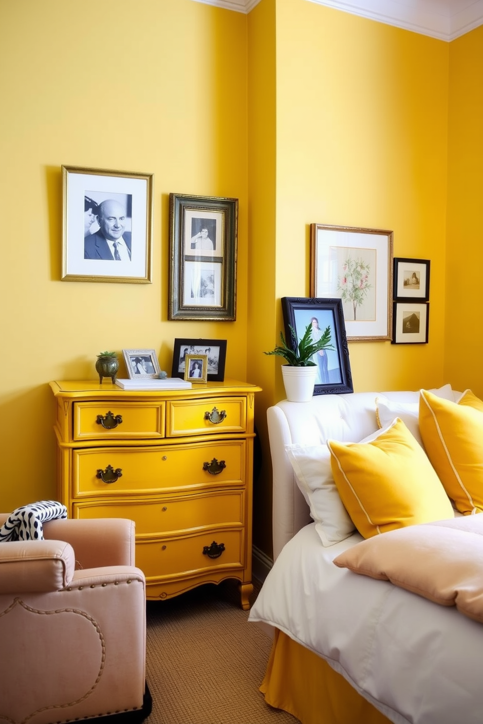 A charming yellow dresser with vintage appeal stands against the wall, showcasing intricate woodwork and antique brass handles. The dresser is adorned with a collection of framed photographs and a small potted plant, adding a touch of personality to the space. The bedroom features soft yellow walls that create a warm and inviting atmosphere. A plush bed with white linens and yellow accent pillows complements the dresser, while a cozy armchair sits in the corner, inviting relaxation.