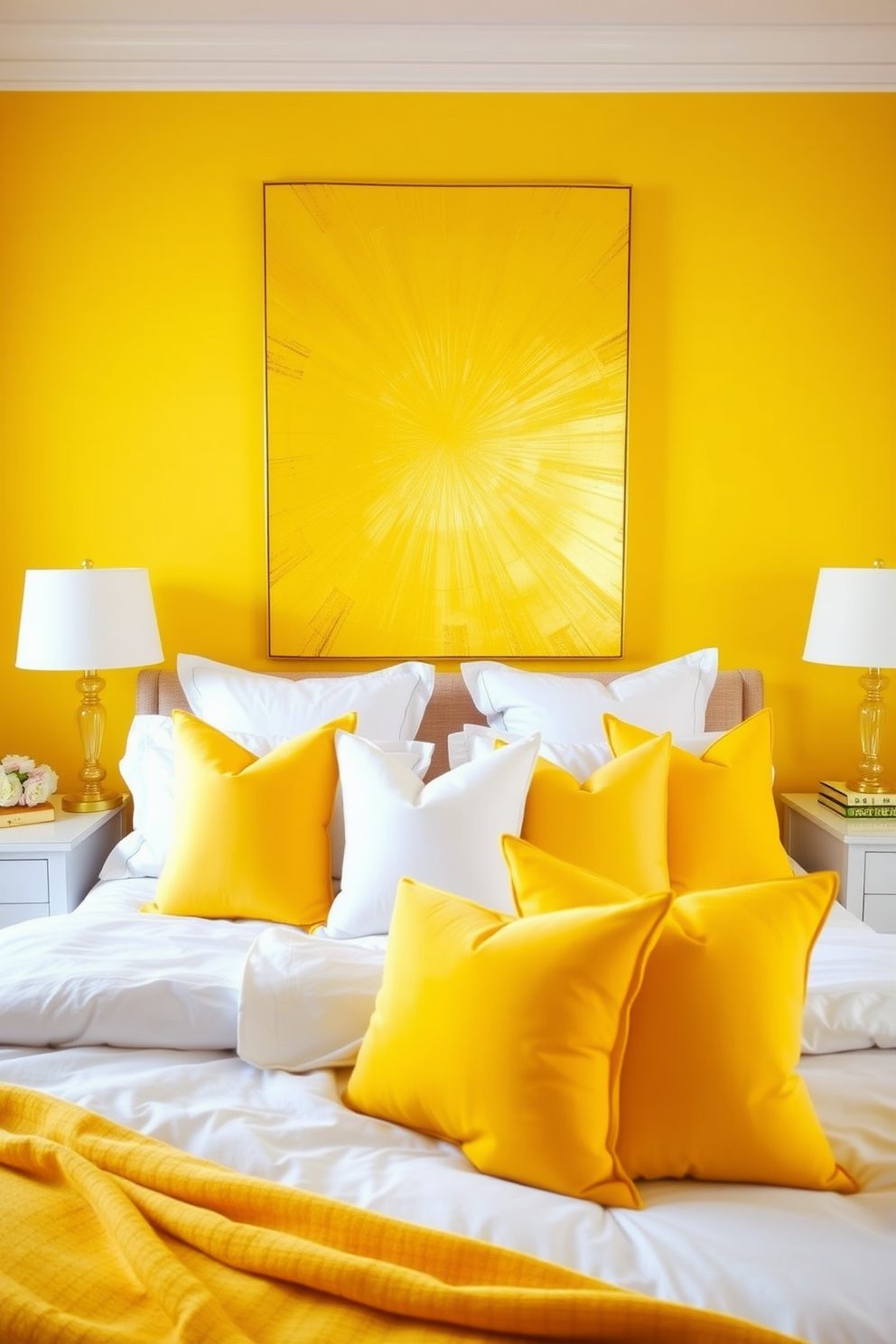 A vibrant yellow bedroom features golden yellow wall art that adds a striking pop of color to the space. The bed is adorned with plush white linens and decorative pillows in various shades of yellow, creating a cheerful and inviting atmosphere.