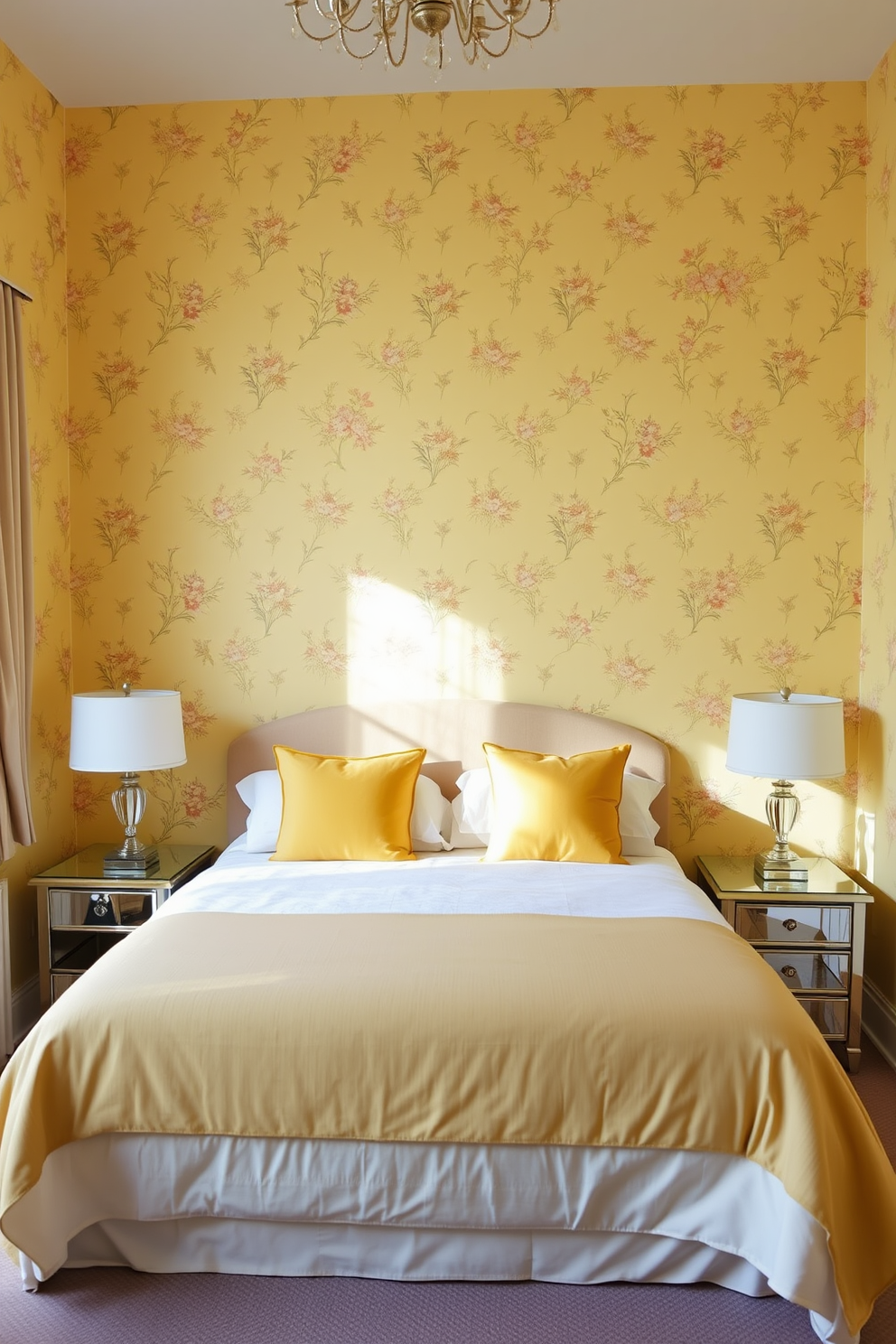 A cozy bedroom adorned with soft yellow wallpaper featuring delicate floral prints. The room is filled with natural light, creating a warm and inviting atmosphere. A plush queen-sized bed is centered against the wall, dressed in white and yellow bedding. Flanking the bed are stylish nightstands with elegant lamps that add a touch of sophistication.