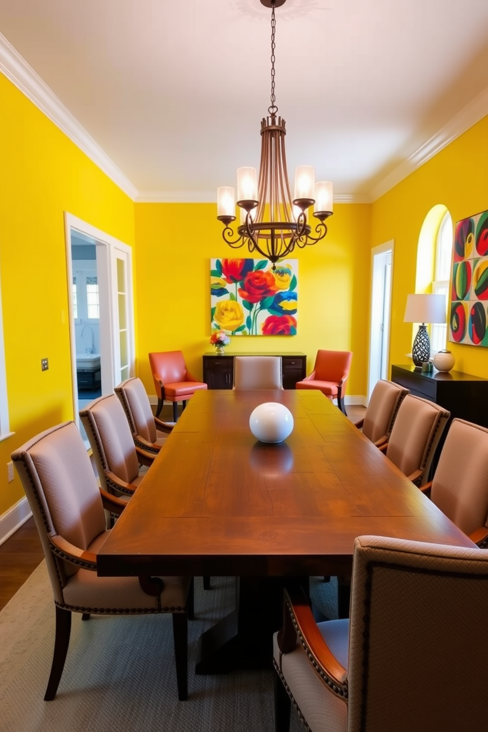 Bright yellow walls create a cheerful ambiance that instantly uplifts the mood of the dining space. A large wooden dining table is centered in the room, surrounded by comfortable upholstered chairs in complementary colors. A stylish chandelier hangs above the table, providing warm lighting for evening meals. Decorative wall art featuring vibrant colors enhances the lively atmosphere of the yellow dining room.