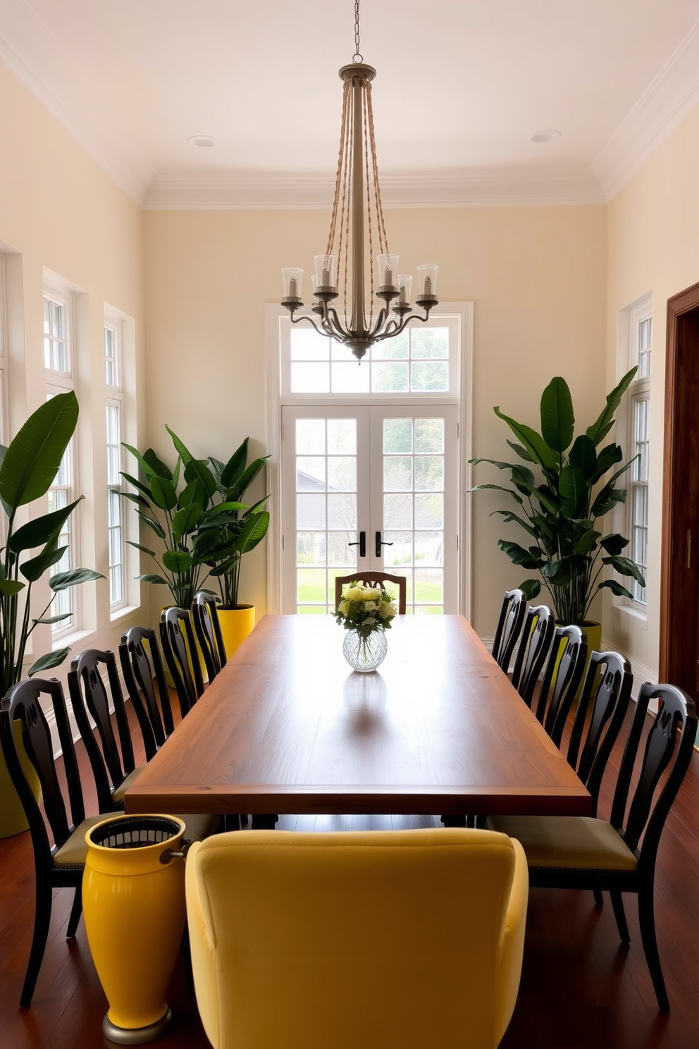 A vibrant dining room featuring a large wooden table surrounded by elegant chairs. The walls are painted in a soft cream color, and large windows allow natural light to flood the space. In the corners, tall leafy plants in bright yellow planters add a pop of color and freshness. A stylish chandelier hangs above the table, creating a warm and inviting atmosphere for gatherings.