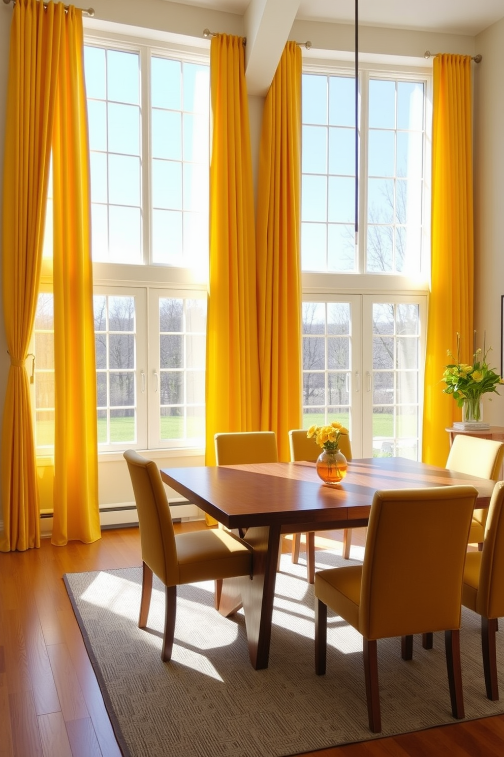 A bright and cheerful dining room features large windows adorned with vibrant yellow curtains that let in plenty of natural light. The space includes a sleek wooden dining table surrounded by comfortable upholstered chairs in a complementary color, creating an inviting atmosphere for family gatherings.