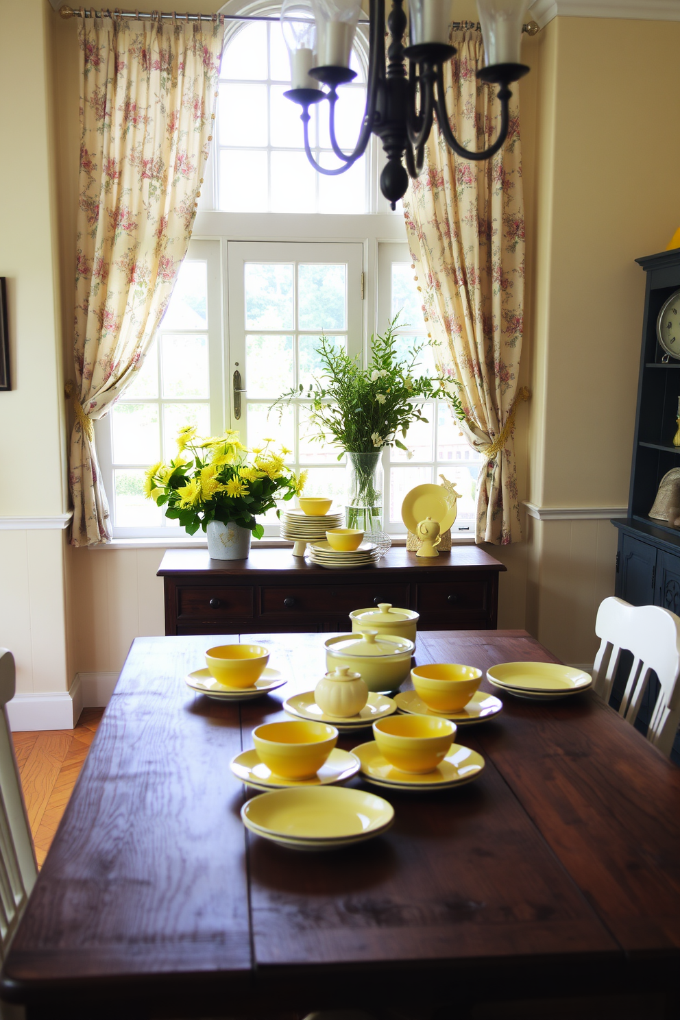 A charming dining room featuring vintage yellow dishes arranged on a rustic wooden table. The walls are painted in a soft cream color, and delicate floral curtains frame the windows, allowing natural light to fill the space.