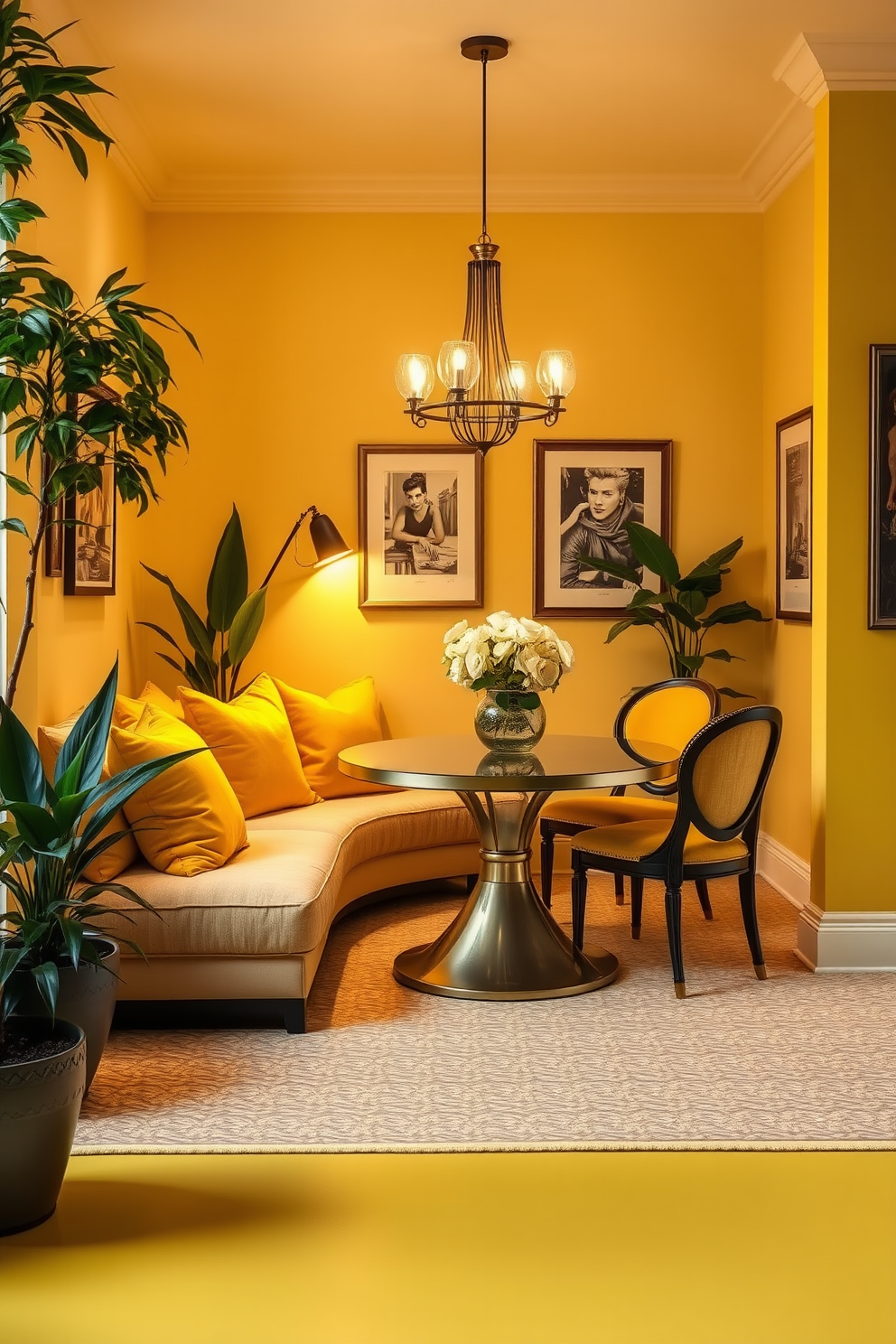 Create a cozy nook featuring plush yellow cushions arranged on a comfortable seating area. The nook is illuminated by soft, warm lighting and surrounded by indoor plants for a refreshing touch. Design a vibrant yellow dining room that exudes warmth and cheerfulness. The space includes a stylish dining table surrounded by elegant chairs, complemented by tasteful artwork on the walls.