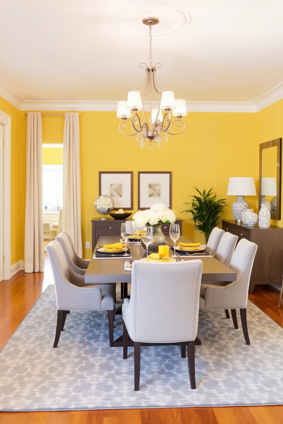 A bright and inviting dining room featuring a yellow and gray color scheme. The walls are painted a soft yellow, while the furniture includes a sleek gray dining table surrounded by upholstered chairs in a complementary shade. A stunning chandelier hangs above the table, adding a touch of elegance to the space. Decorative elements such as yellow and gray table settings and a stylish area rug complete the sophisticated look of the room.