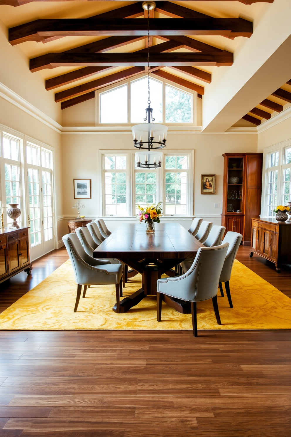 A bright and inviting dining room features a large wooden table surrounded by comfortable upholstered chairs. The floor is adorned with soft yellow rugs that add warmth and a cheerful touch to the space. The walls are painted in a soft cream color, enhancing the natural light that floods in through large windows. Elegant pendant lights hang above the table, creating a cozy atmosphere for family gatherings and entertaining guests.