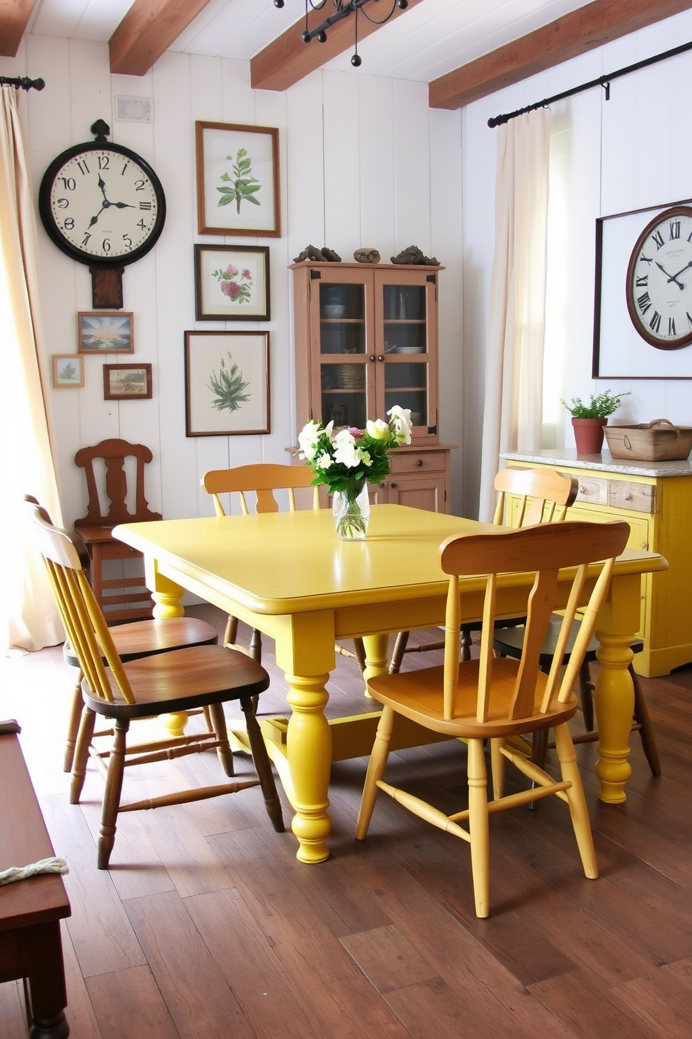 A bright and inviting dining room features a wooden table surrounded by chairs adorned with vibrant yellow cushions. The walls are painted in a soft white hue, complementing the cheerful accents and creating a warm atmosphere for gatherings. Large windows allow natural light to flood the space, enhancing the yellow tones and making the room feel airy. A statement chandelier hangs above the table, adding an elegant touch to the lively design.