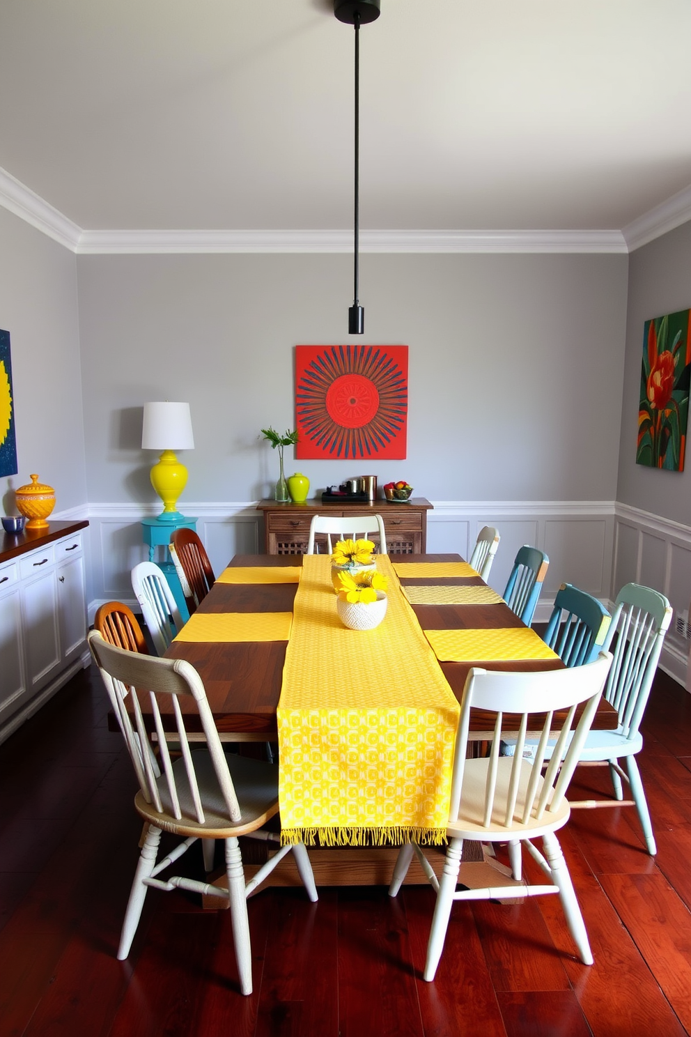 A dining room featuring a painted yellow ceiling that adds a vibrant touch to the space. The walls are adorned with soft white paneling, and a large wooden dining table is centered beneath a stylish chandelier. Surrounding the table are elegant upholstered chairs in a complementary shade. Brightly colored artwork hangs on the walls, enhancing the cheerful atmosphere of the room.