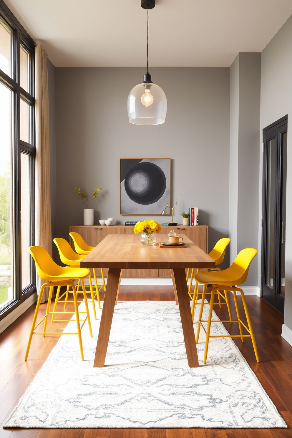 A bright and inviting dining room filled with yellow decor items that evoke a sense of warmth and cheer. The walls are painted in a soft cream color, providing a perfect backdrop for vibrant yellow accents like cushions, tableware, and artwork. A stylish dining table is set with a cheerful yellow tablecloth and matching napkins. The room is enhanced with yellow flowers in a vase on the table and yellow curtains that frame the windows, allowing natural light to flood the space.