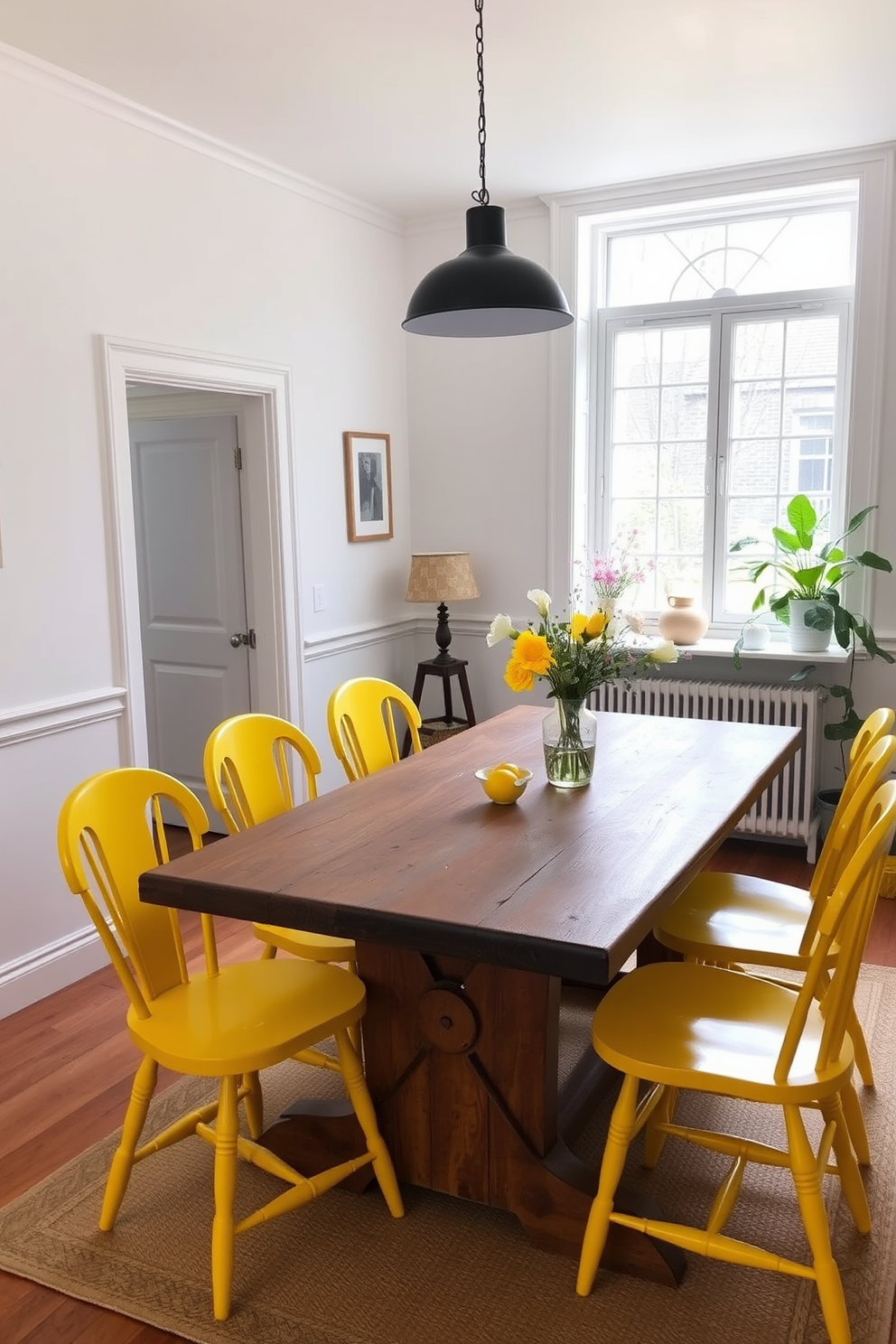 Charming farmhouse style with yellow accents. A rustic wooden table is surrounded by mismatched chairs, each painted in soft pastel colors. The walls are adorned with shiplap, painted in a creamy white hue. A large window lets in natural light, framed by cheerful yellow curtains that billow gently in the breeze.