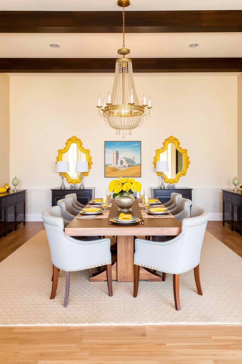 A bright and inviting dining room features a large wooden table surrounded by upholstered chairs in soft gray. The walls are painted in a warm cream tone, and yellow mirrors are strategically placed to reflect natural light, enhancing the space's brightness. A stunning chandelier hangs above the table, casting a warm glow over the room. Accents of yellow in the table settings and artwork create a cohesive and cheerful atmosphere, making it an ideal space for gatherings.