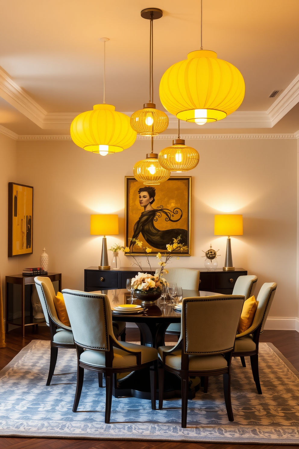 A bright and inviting dining room features a large wooden table surrounded by elegant upholstered chairs. On the table, yellow decorative bowls are artfully arranged, adding a pop of color to the neutral palette. The walls are painted in a soft gray, creating a calming backdrop for the vibrant accents. A stylish chandelier hangs above the table, casting a warm glow over the space and enhancing the cheerful atmosphere.