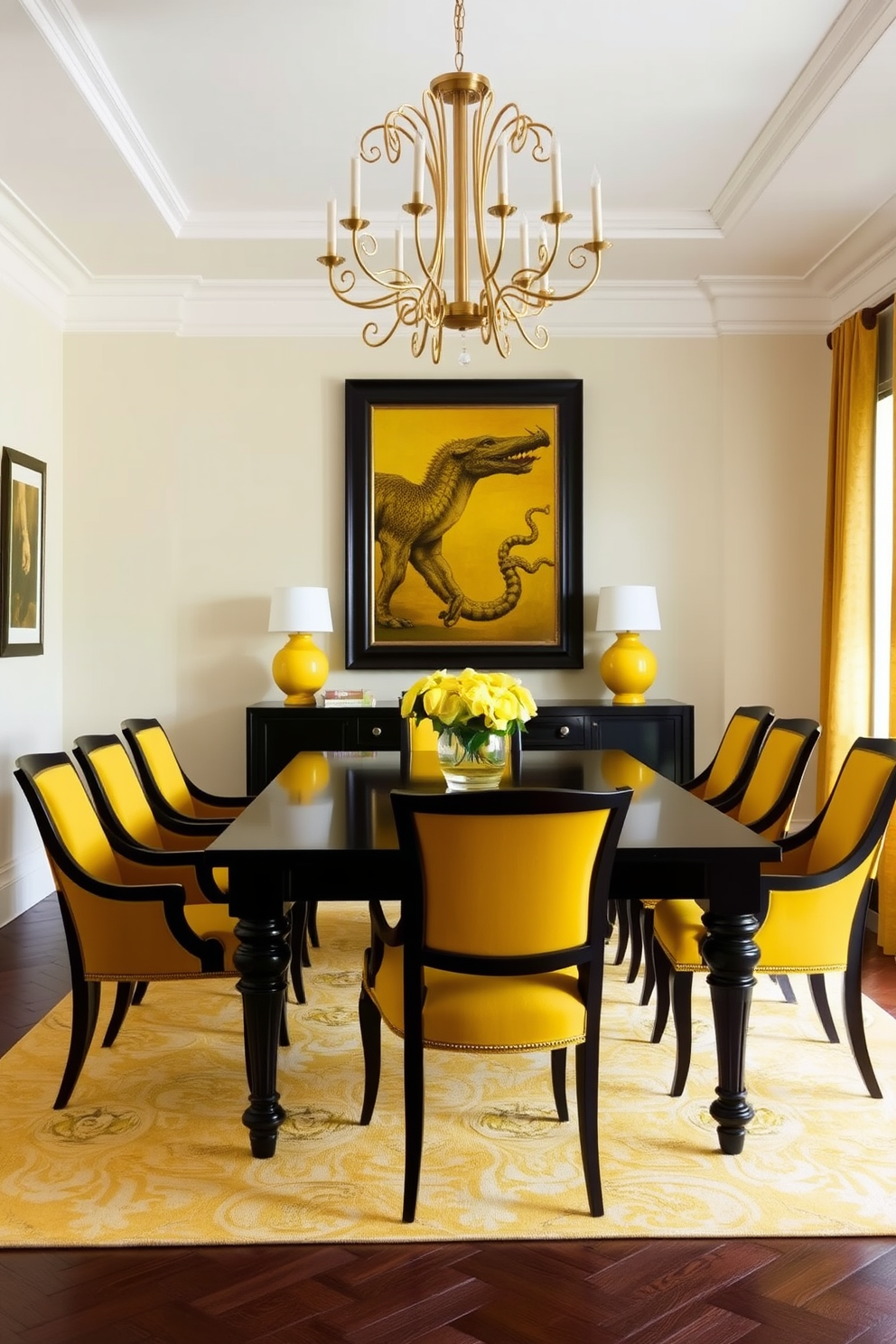 A bright and airy dining room featuring yellow walls that create a cheerful atmosphere. A large white dining table is centered in the room, surrounded by comfortable yellow upholstered chairs. Natural light floods the space through large windows adorned with sheer white curtains. A stylish chandelier hangs above the table, adding a touch of elegance to the vibrant setting.