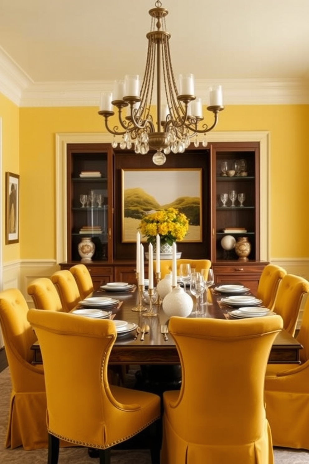 A bright and inviting dining room features layered yellow shades that create depth and interest throughout the space. The walls are painted in a soft buttery yellow, complemented by a statement chandelier that adds elegance to the room. A large wooden dining table is surrounded by plush upholstered chairs in a deeper shade of yellow. Accents of gold in the tableware and decorative elements enhance the overall warmth and sophistication of the design.