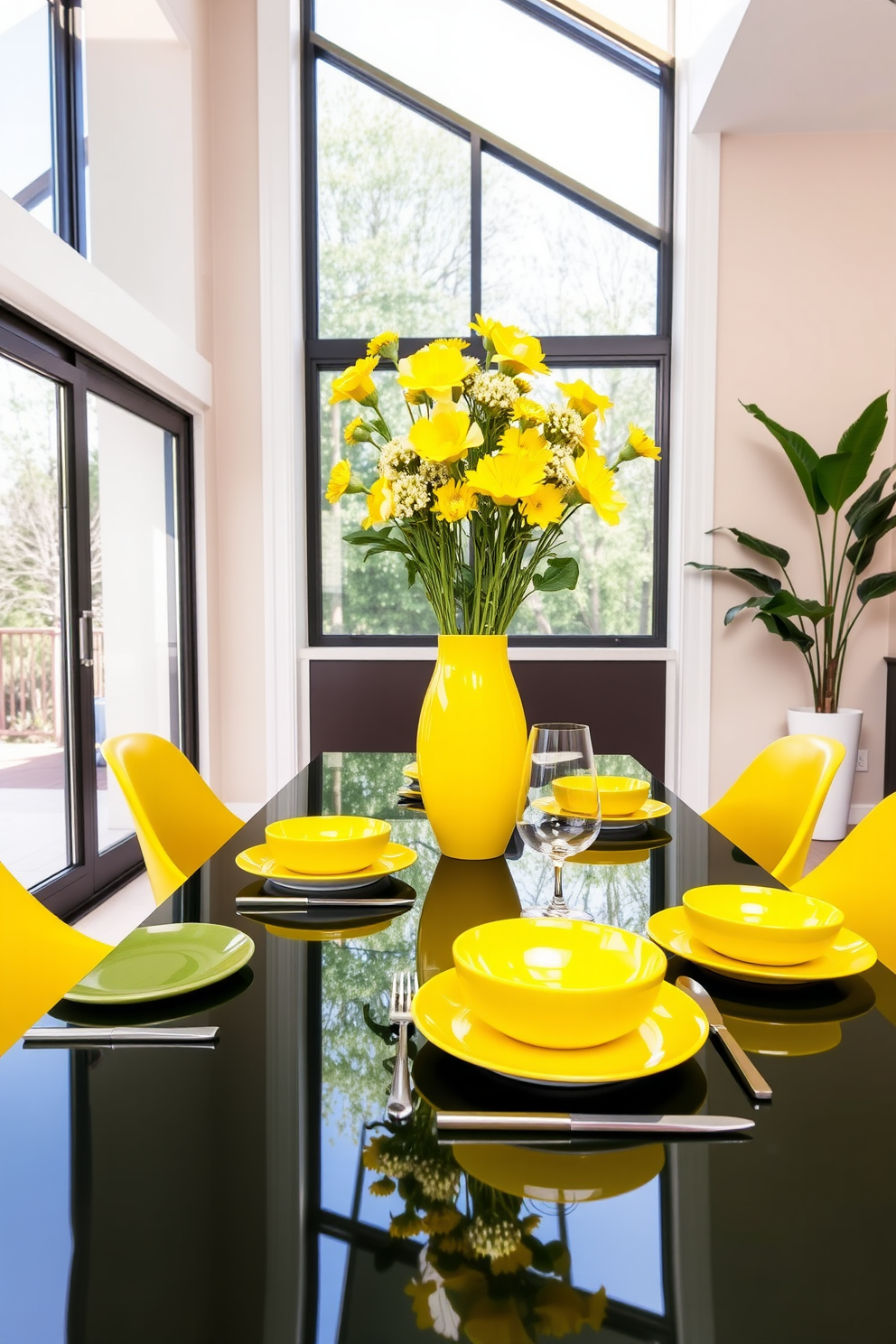 A trendy dining room featuring bright yellow ceramics as the focal point. The table is set with vibrant yellow plates and bowls, complemented by sleek white cutlery and glassware. The walls are painted in a soft neutral tone to enhance the cheerful ambiance. A large window allows natural light to flood the space, highlighting a centerpiece of fresh flowers in a yellow vase.