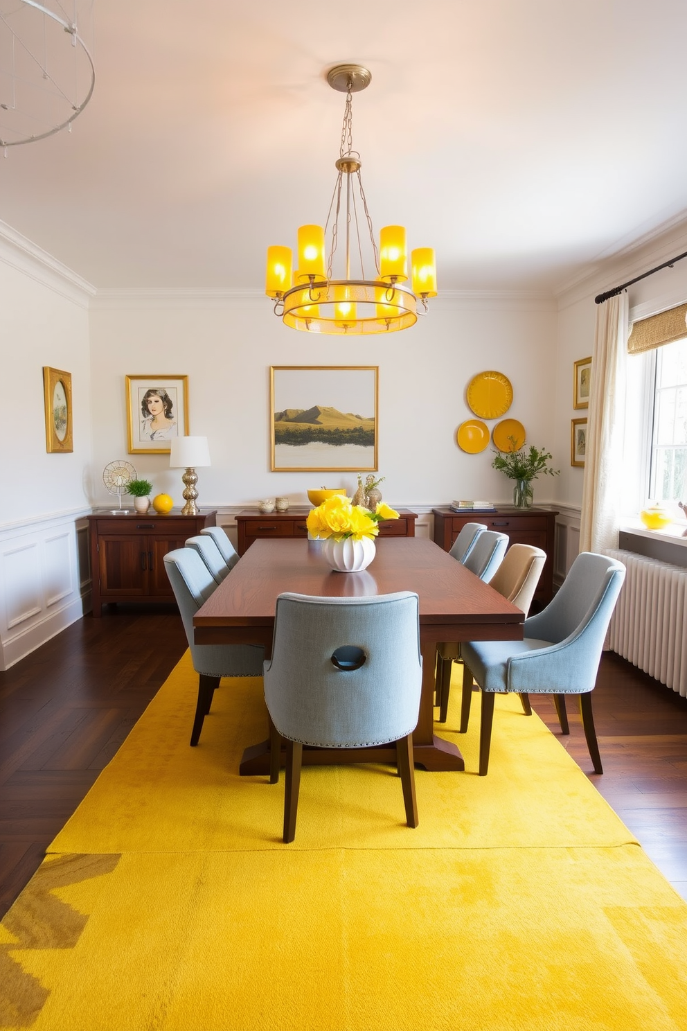 A bright and inviting dining room featuring a large wooden table surrounded by upholstered chairs in a soft gray fabric. The walls are painted in a warm white tone, adorned with yellow accent pieces such as framed artwork and decorative plates. A stylish chandelier with yellow-tinted glass hangs above the table, casting a warm glow over the space. A vibrant yellow rug anchors the room, adding a pop of color to the hardwood floor while complementing the overall design.