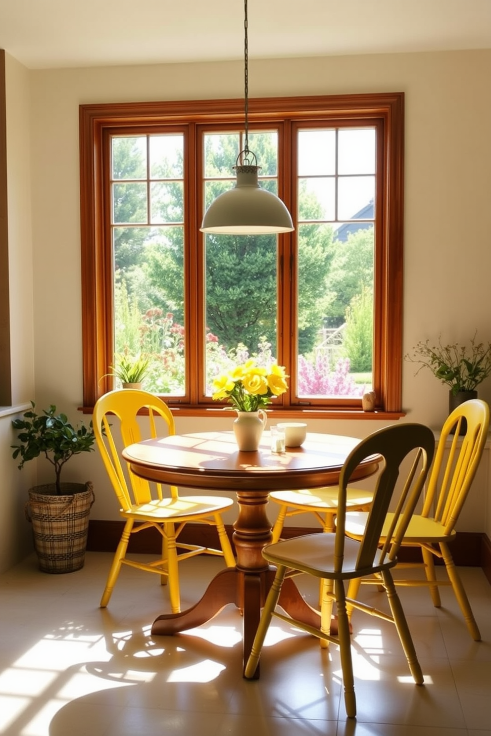 Create a sunny breakfast nook filled with natural light. The space features a round wooden table surrounded by cheerful yellow chairs, with a large window offering a view of a blooming garden.