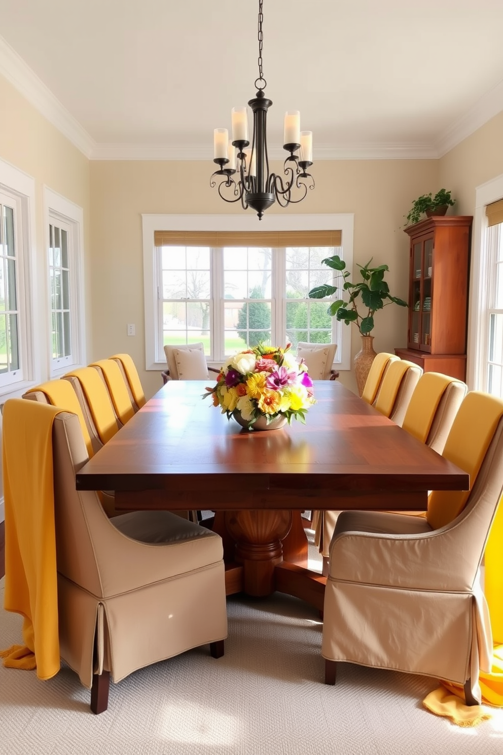 A vibrant dining room filled with warm yellow tones creates an inviting atmosphere. The walls are painted in a soft butter yellow while the ceiling features a deeper mustard hue for added depth. In the center, a large wooden dining table is surrounded by mismatched yellow chairs that add character. A statement chandelier with golden accents hangs above the table, casting a warm glow over the space.