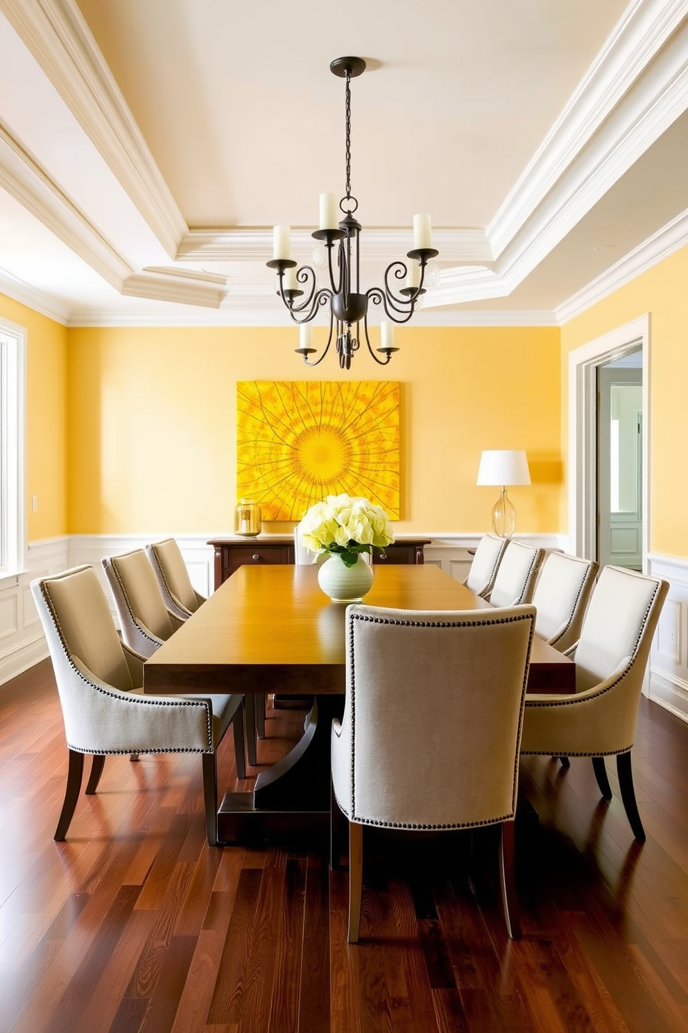 A bright and inviting dining room features yellow framed mirrors strategically placed to reflect natural light and enhance the space. The room is adorned with a large wooden dining table surrounded by comfortable upholstered chairs in soft neutral tones. Warm yellow accents are incorporated through decorative elements such as table centerpieces and artwork on the walls. A stylish chandelier hangs above the table, adding elegance and a touch of sophistication to the overall design.