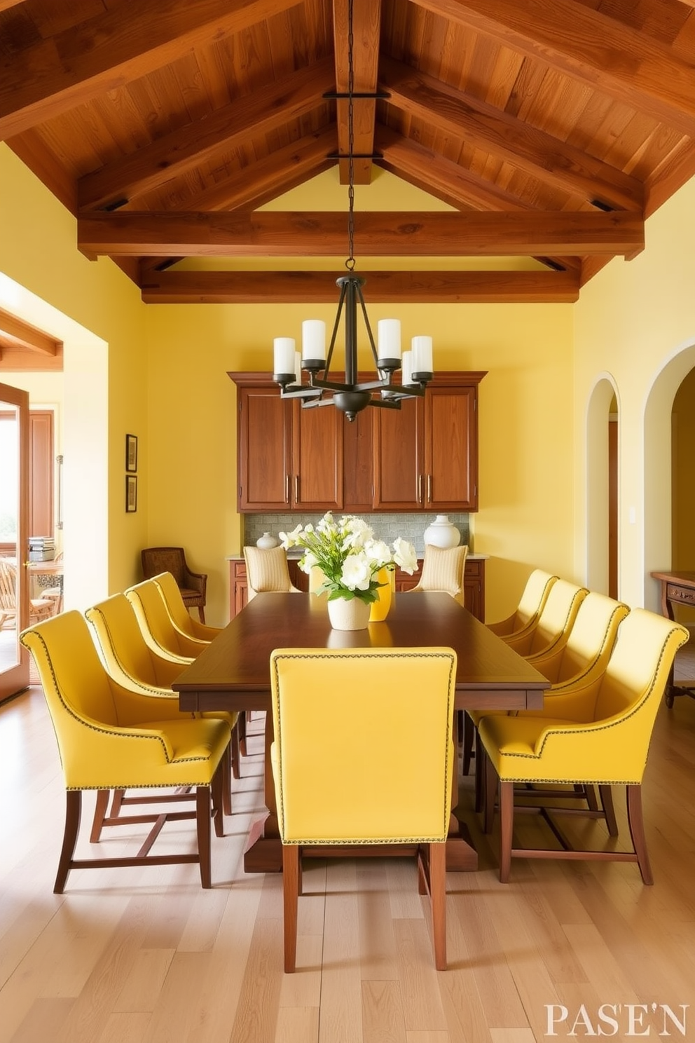 A bright and inviting dining room featuring a large wooden table surrounded by yellow upholstered chairs. The walls are painted in a soft yellow hue, complemented by natural wood accents in the ceiling beams and cabinetry.