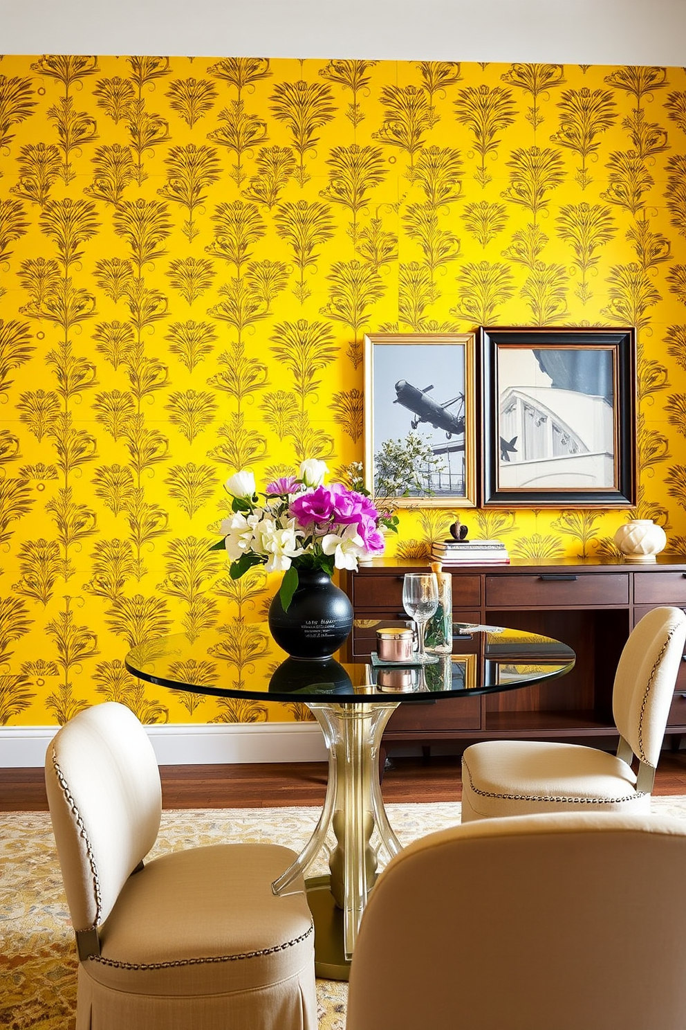 A bright and inviting dining room filled with natural light. The walls are painted in a soft white, complementing the sunny yellow curtains that frame the large windows. A beautiful wooden dining table is centered in the room, surrounded by elegant white chairs. A vibrant centerpiece of fresh flowers adds a pop of color to the table, enhancing the cheerful atmosphere.