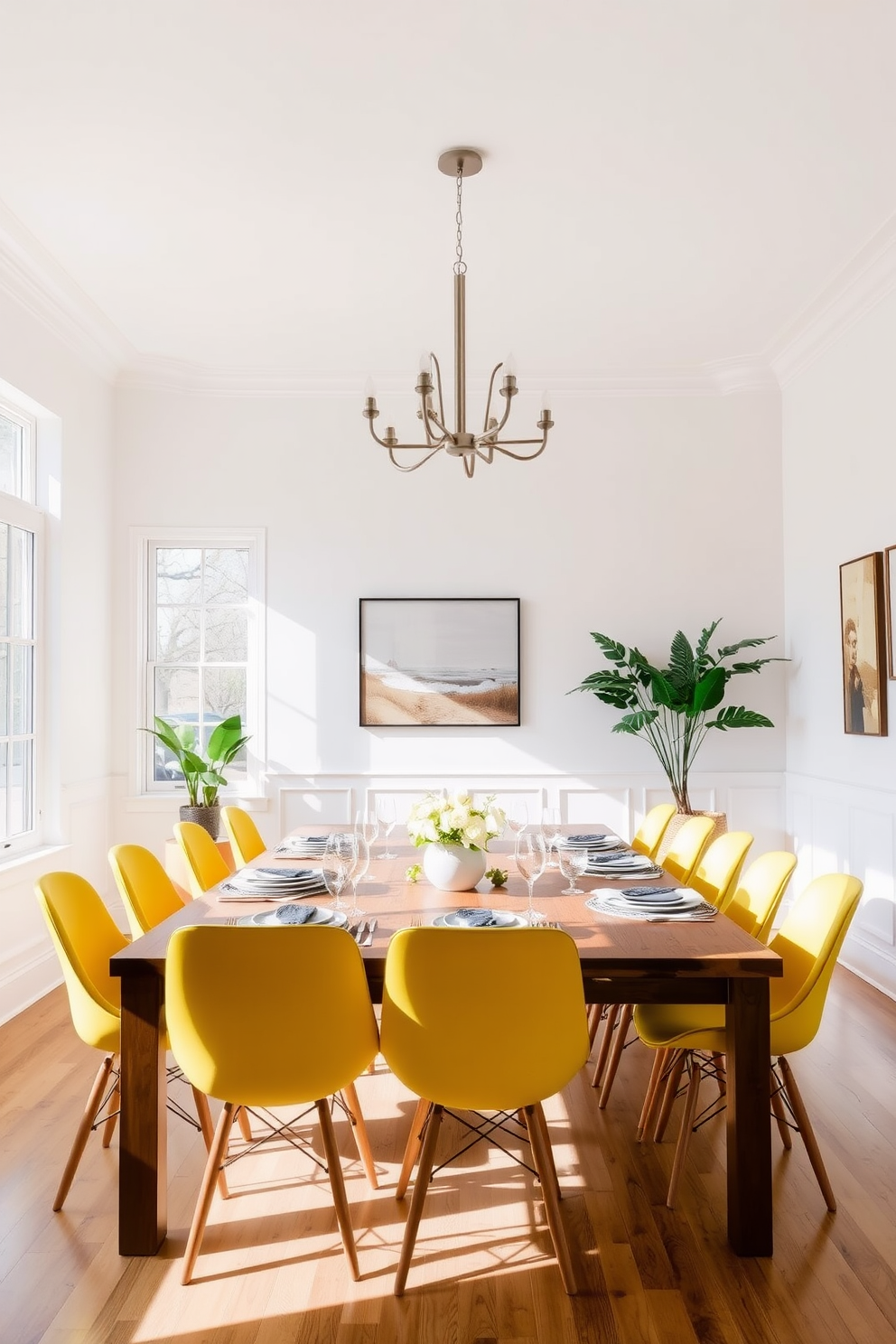 A bright and inviting dining room features a large wooden table surrounded by stylish yellow dining chairs. The walls are painted in a soft white tone, creating a fresh backdrop that enhances the cheerful vibe of the space. A contemporary chandelier hangs above the table, adding a touch of elegance to the room. Large windows allow natural light to flood in, highlighting the vibrant color of the chairs and the carefully curated table setting.