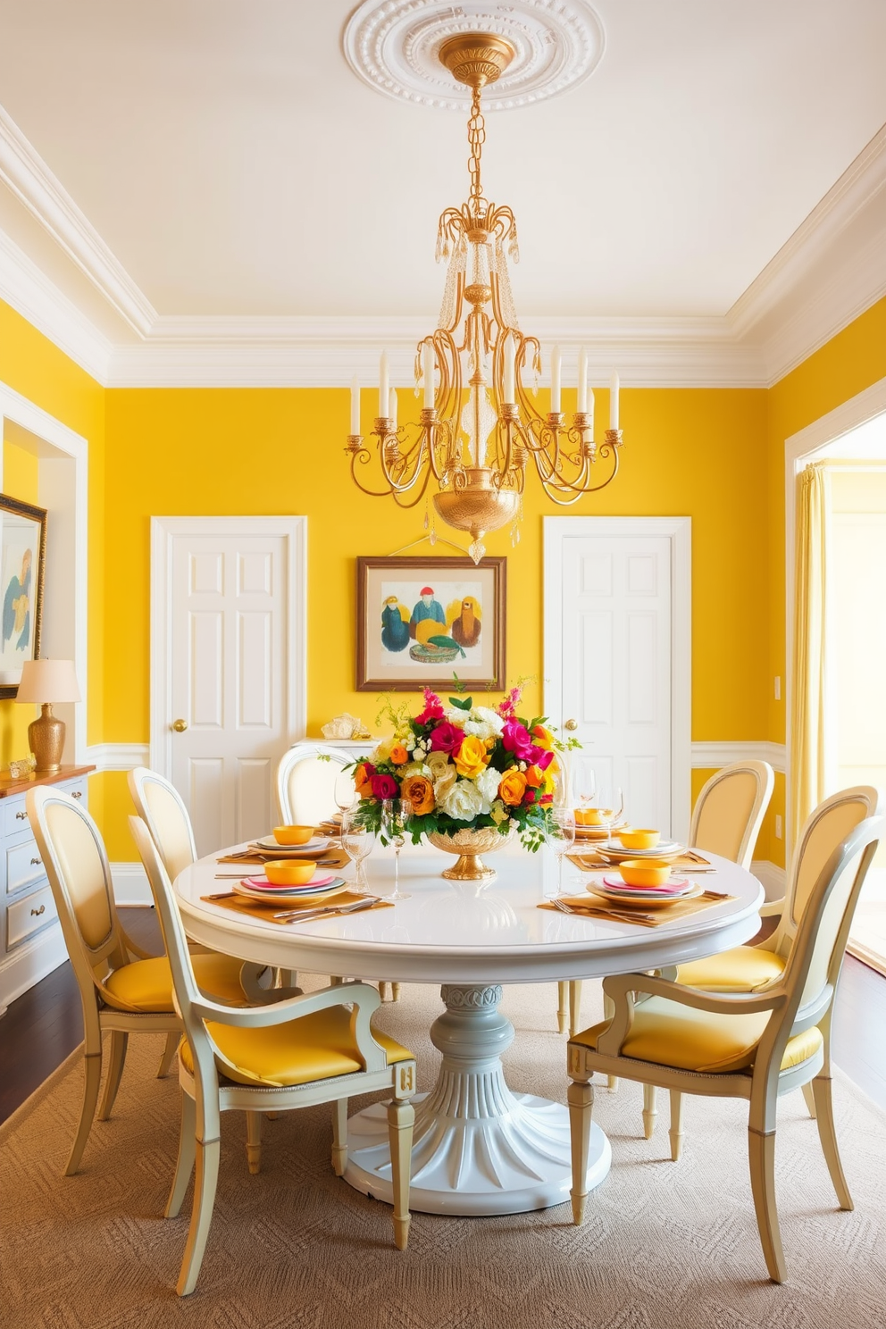 A bright and inviting dining room featuring yellow walls that create a cheerful atmosphere. The space is adorned with a white dining table surrounded by elegant chairs with gold accents, enhancing the room's sophistication. A stunning chandelier with gold detailing hangs above the table, providing warm illumination. Decorative elements include a vibrant floral centerpiece and stylish tableware that complement the yellow and gold theme.