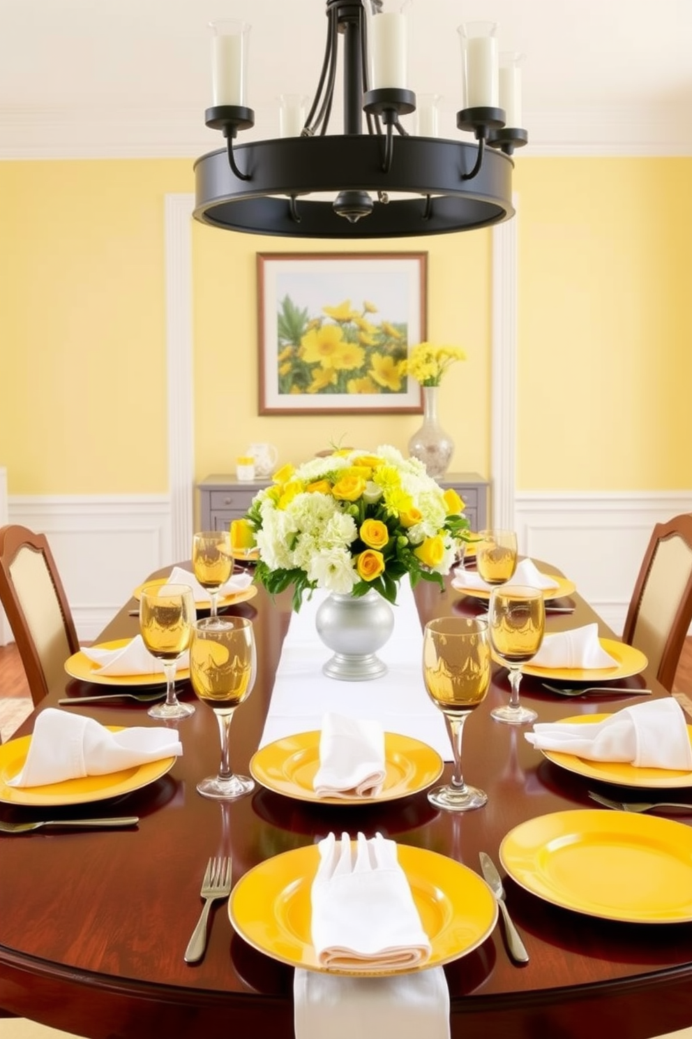 A bright and cheerful dining room adorned with sunny yellow table settings for special occasions. The table is set with vibrant yellow plates, crisp white napkins, and elegant glassware, creating a warm and inviting atmosphere. The walls are painted in a soft, complementary shade, enhancing the overall brightness of the room. A centerpiece of fresh flowers in shades of yellow and white adds a touch of natural beauty to the table.