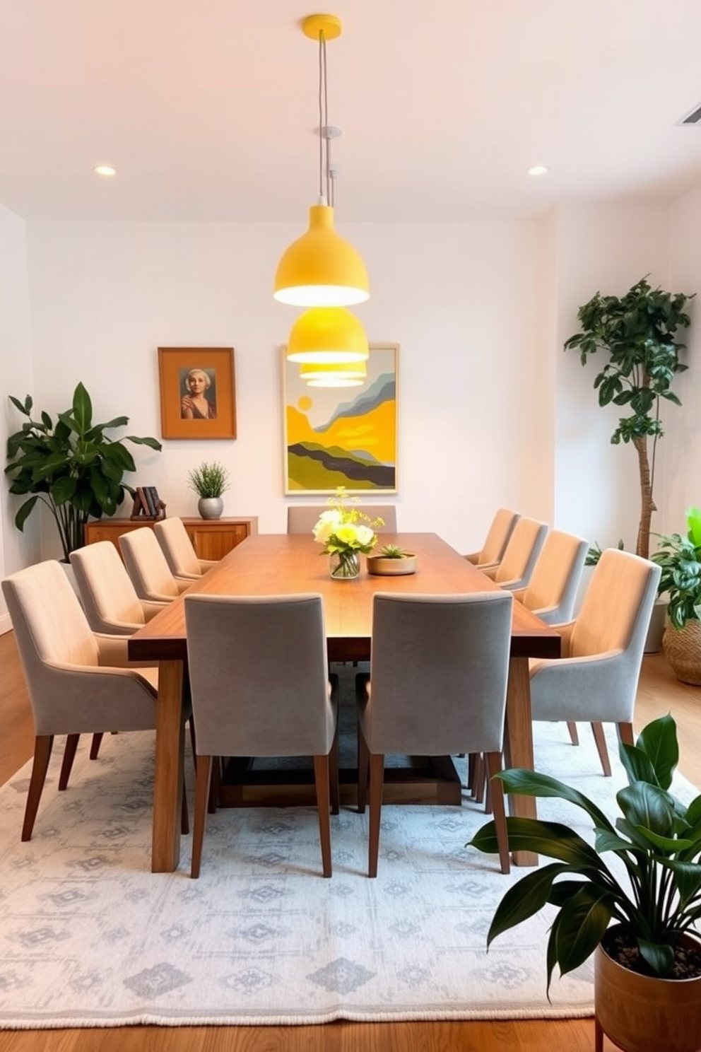 A bright and inviting dining room featuring a large wooden table surrounded by upholstered chairs in soft gray. Above the table, yellow pendant lights hang from the ceiling, casting a warm and welcoming glow throughout the space. The walls are painted in a soft white, creating a fresh backdrop for colorful artwork. A large rug with subtle patterns anchors the room, while potted plants add a touch of greenery to the overall design.