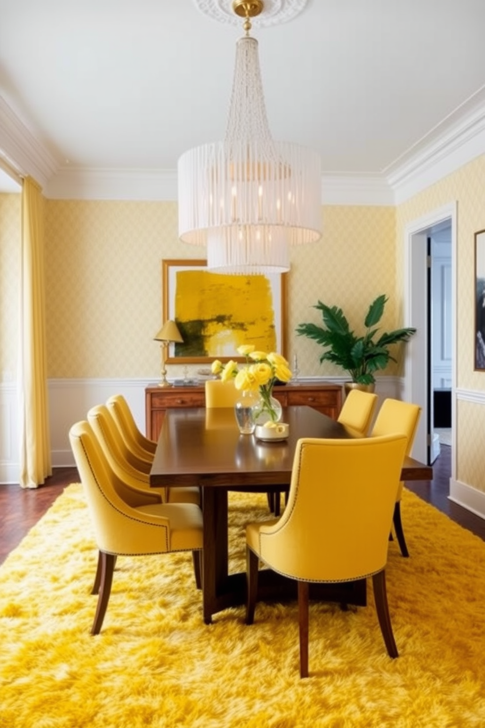 A bright and inviting dining room featuring layered textures with yellow textiles. The walls are adorned with soft yellow wallpaper, while a plush yellow area rug anchors the space beneath a sleek wooden dining table. Surrounding the table are upholstered chairs in varying shades of yellow, creating a harmonious yet dynamic look. A statement chandelier with gold accents hangs above, casting a warm glow over the room.