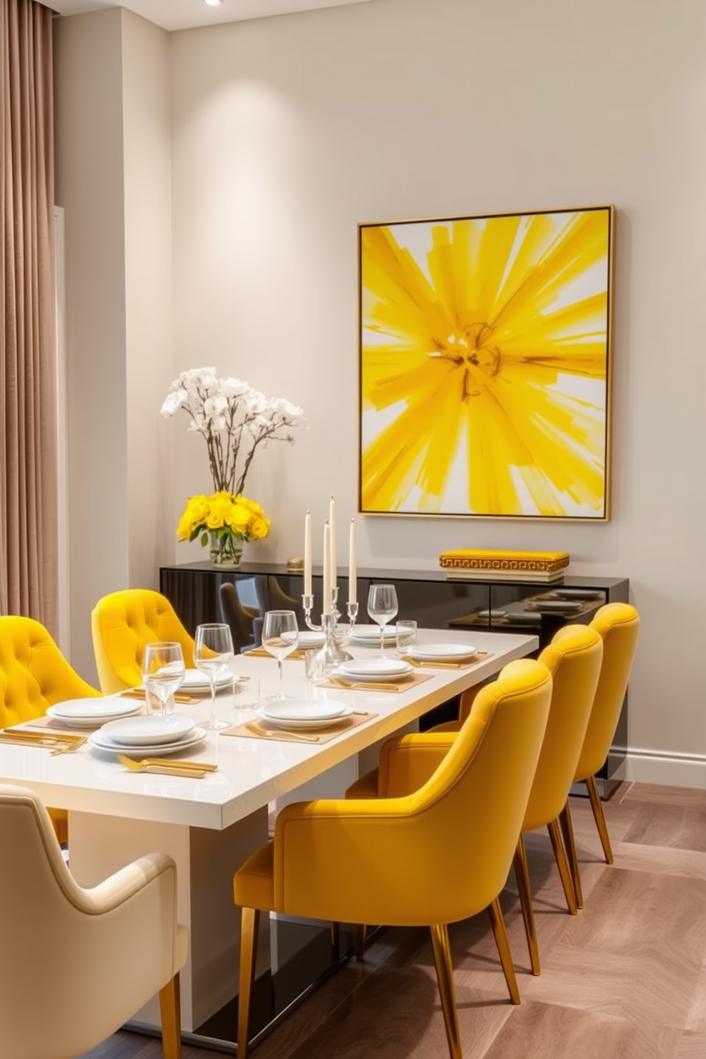 A bright yellow artwork piece dominates the wall, infusing the dining room with energy and vibrancy. The dining table is set with elegant white dishes and gold cutlery, complemented by plush yellow chairs that enhance the cheerful atmosphere.