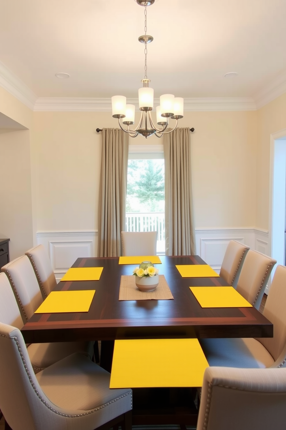 A bright and inviting dining room features a large wooden table surrounded by elegant upholstered chairs. The table is set with vibrant yellow placemats that add a cheerful pop of color to the neutral tones of the room. The walls are painted in a soft cream color, enhancing the warmth of the space. A modern chandelier hangs above the table, providing both light and a stylish focal point for the room.