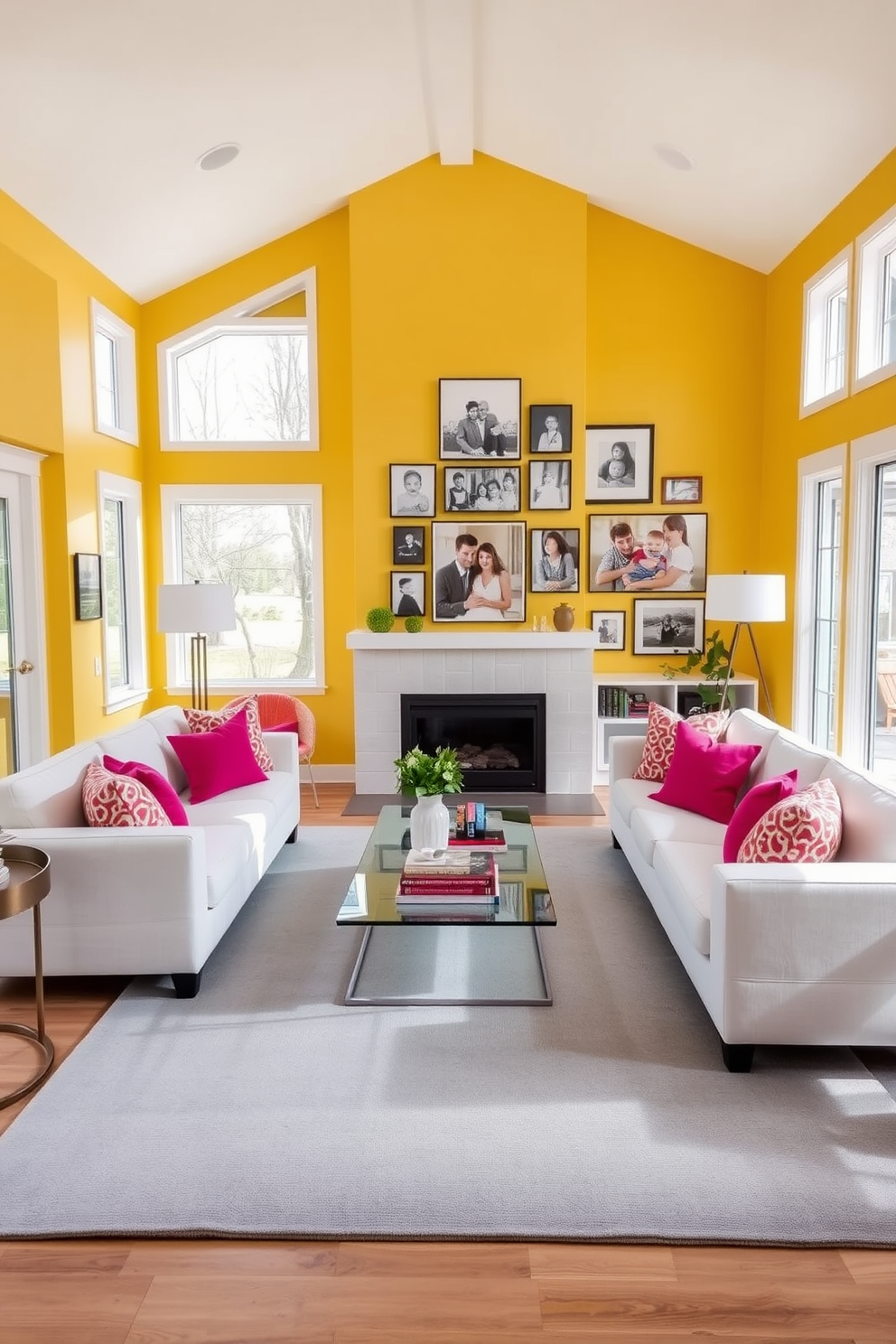 Bright yellow accent wall with white trim. The family room features a plush gray sectional sofa adorned with colorful throw pillows. A large area rug in soft neutrals anchors the space, while a stylish coffee table sits at the center. Floor-to-ceiling windows allow natural light to flood the room, enhancing the cheerful atmosphere.